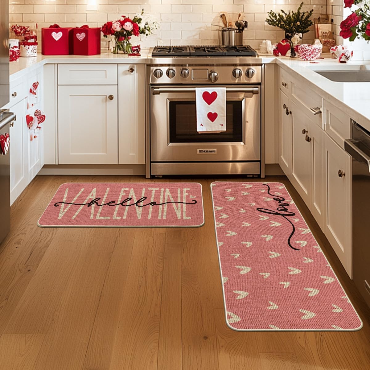 Artoid Mode Pink Love Heart Hello Valentine's Kitchen Mats Set of 2, Home Decor Low-Profile Kitchen Rugs for Floor - 17x29 and 17x47 Inch