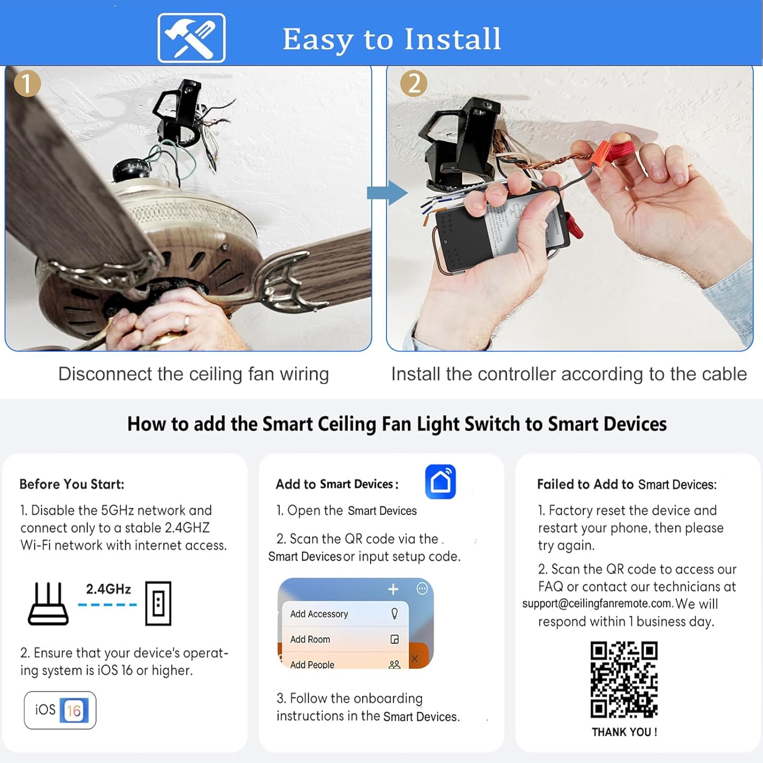 Smart WiFi Universal Ceiling Fan Remote Control Kit for 3-Speed AC Ceiling Fans, Compatible with Alexa, Google Assistant and Smart Life App,No Required Single Pole and Neutral Wire,White