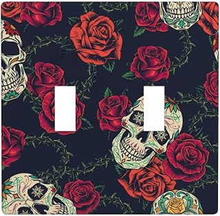 Blooming Roses Sugar Skulls Light Switch Cover Wall Plate Decorative Double Toggle Light Switches Plates Wallplate Home Decor Standard Size 2 Gang 4.5" X 4.5"