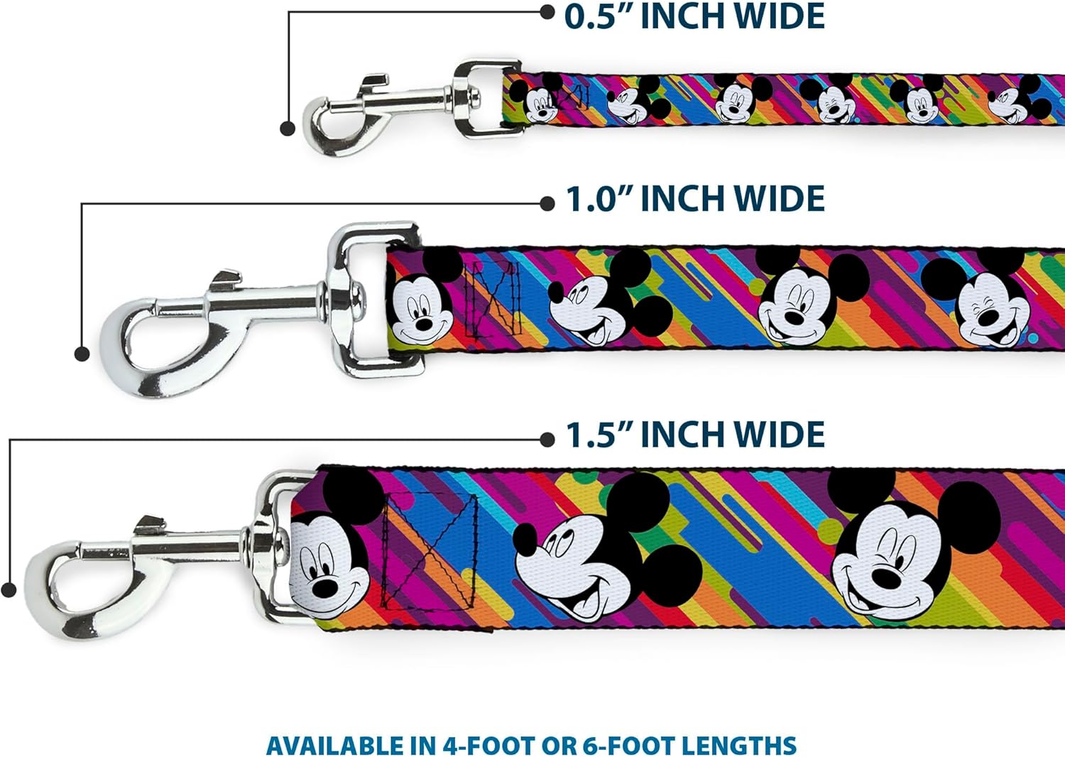 Buckle-Down Pet Leash - Mickey Mouse Expressions Multi Color White/Black - 6 Feet Long - 1" Wide