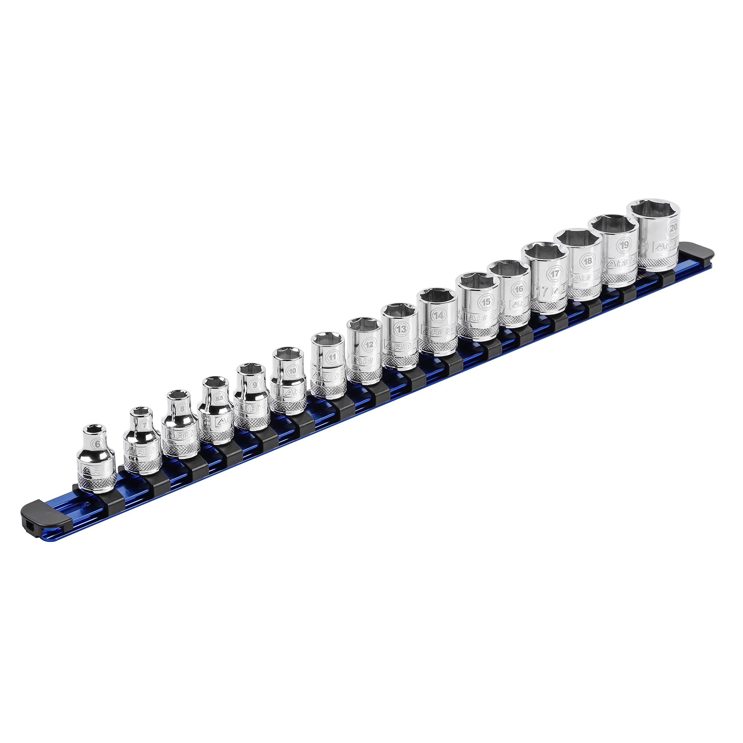 ARES 60117-3/8-Inch Drive Blue 17-Inch Socket Rail with Locking End Caps - Aluminum Rail Stores up to 16 Sockets and Keeps Your Tool Box Organized