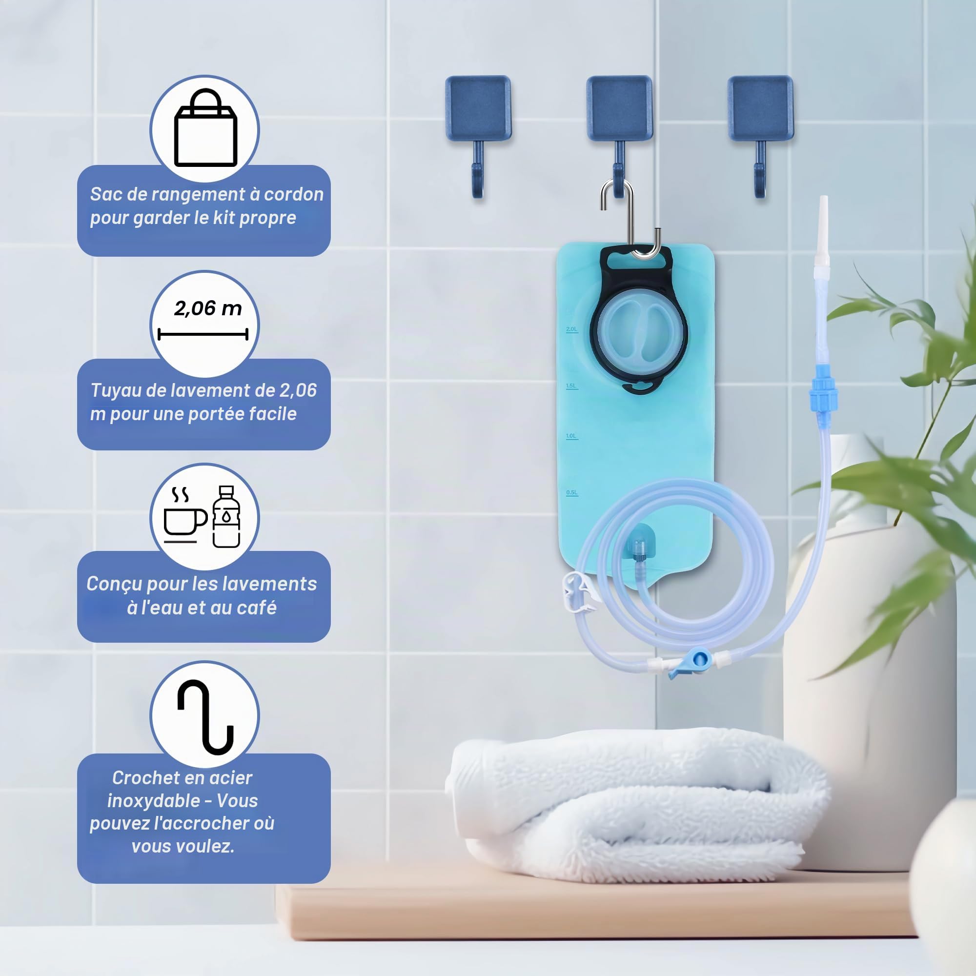 TopQuaFocus Kit de sac de douche pour lavements à la maison avec tube en silicone de 2m, sac de lavement portable pour homme et femme, nettoyage du côlon pour nettoyage du côlon