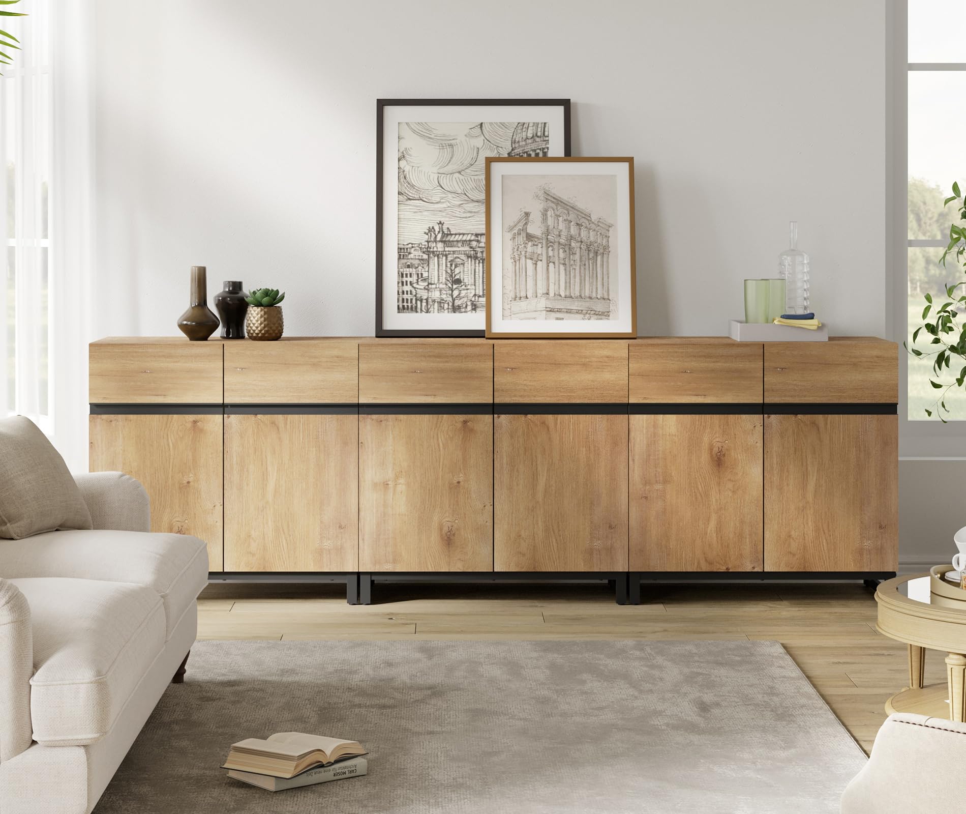 WAMPAT Modern TV Stand for 75-110 Inch TVs, Wooden Entertainment Center Console With Metal Base and Adjustable Shelves for Living Room, Bedroom, 94.5