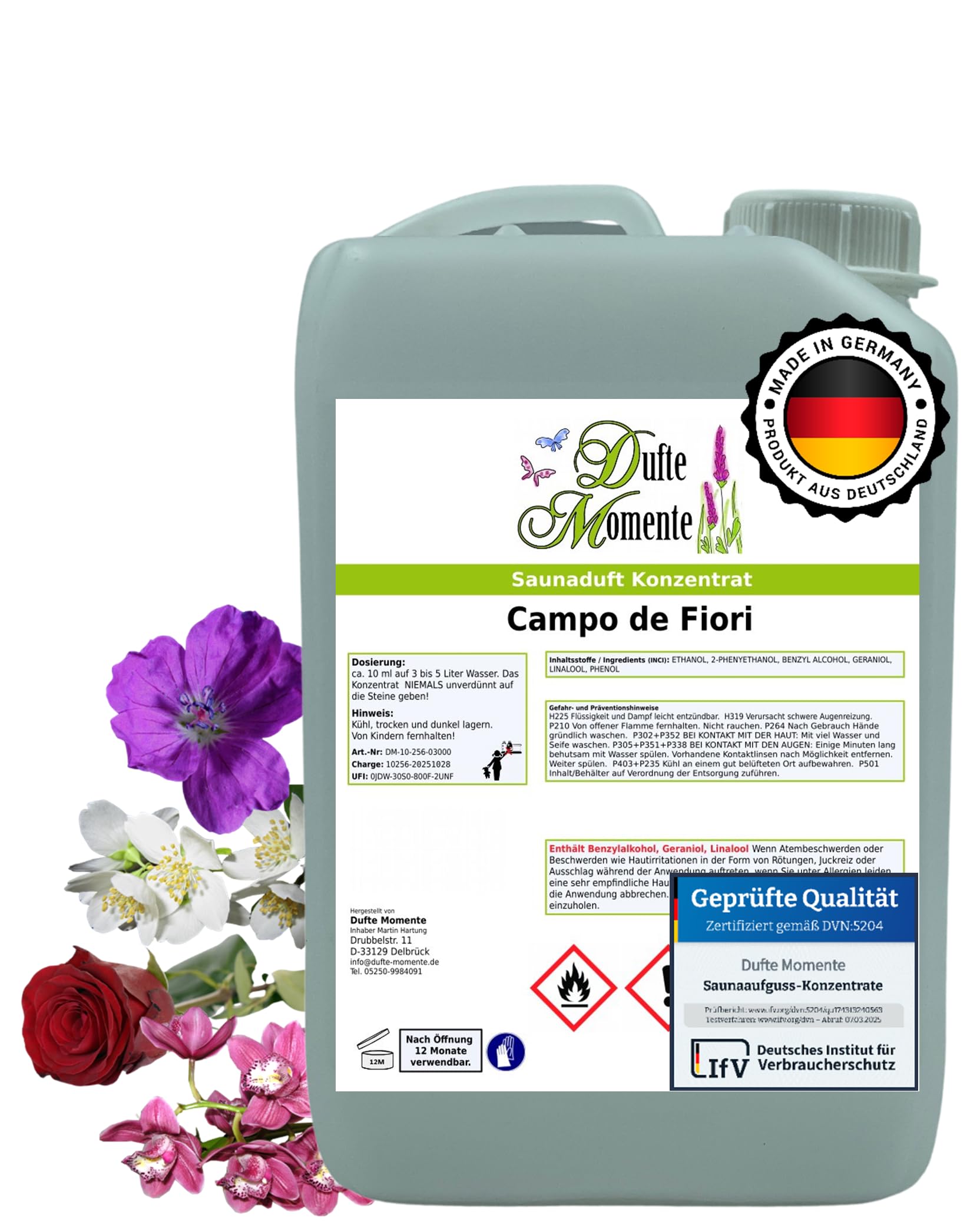 Dufte Momente Saunaaufguss-Konzentrat Campo de Fiori (Jasmin, Geranium, Orchidee & Rose) – 3 Liter – konzentriert & ergiebig – Profi-Qualität gemäß DVN:5204 getestet – vegan & Made in Germany