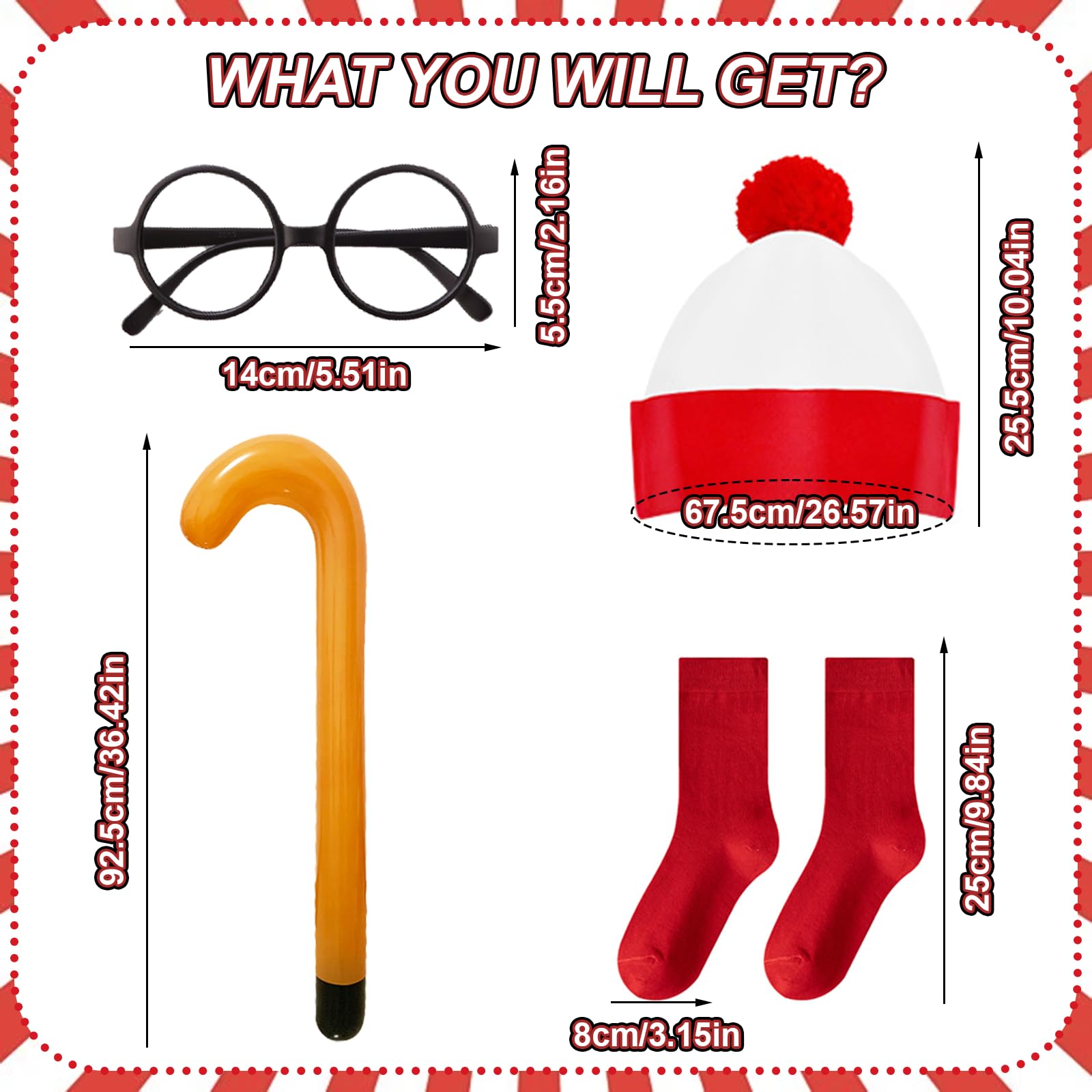 5 Pcs Red and White Striped Wally Costume for Adult World Book Day Fancy Dress Red and White Stripe T-Shirt Beanie Hat Glasses Inflatable Cane Socks - Image 3