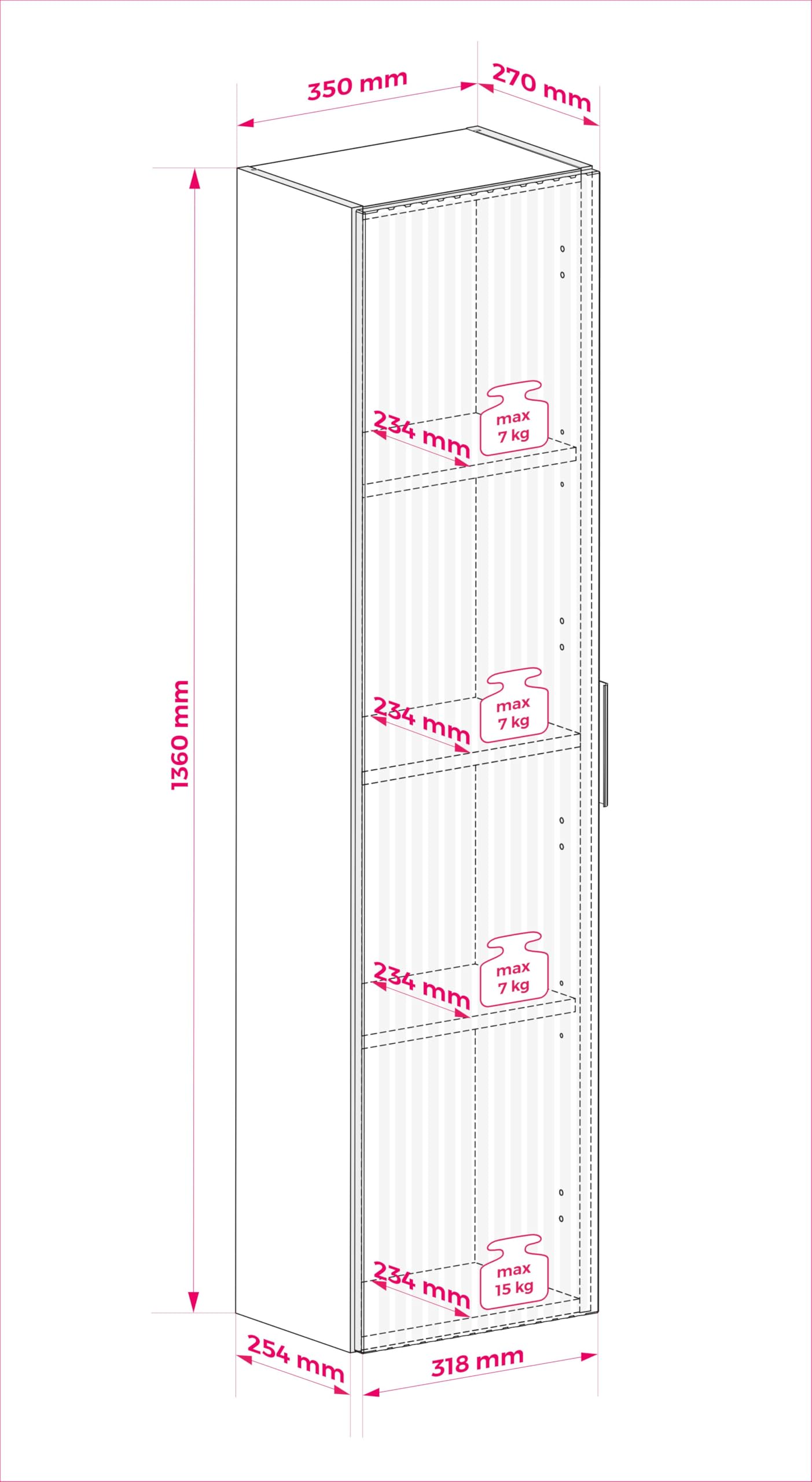 3E 3xE living.com Asta da bagno, bianca con maniglia nera, 35 x 136 x 27 cm