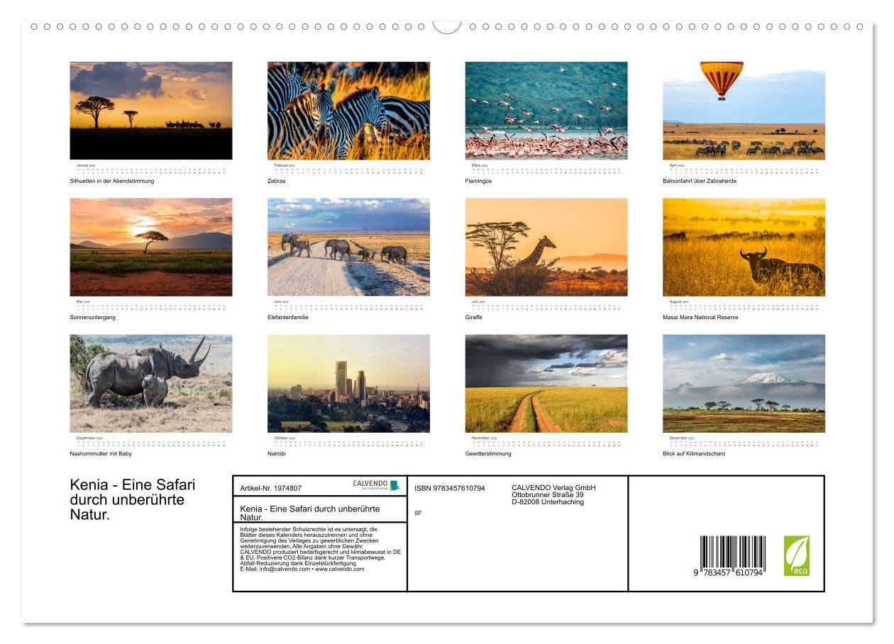 Kenia - Eine Safari durch unberührte Natur. (Wandkalender 2026 DIN A2 quer), CALVENDO Monatskalender: 12 hevorragende Aufnahmen aus Kenia. (CALVENDO Orte)