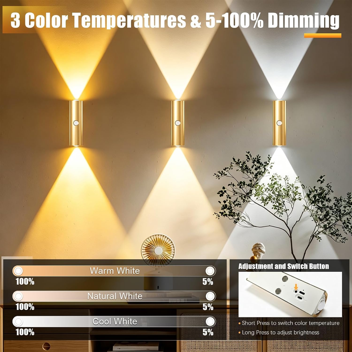 2 Stück LED Wandleuchte mit Bewegungsmelder Treppenbeleuchtung Ohne Strom USB Aufladbare 1200mAh Wandlampe 3 Modi Auf und ab Beleuchtung Lampe Magnetische 3000K/4000K/6000K für Wohnzimmer Schlafzimmer