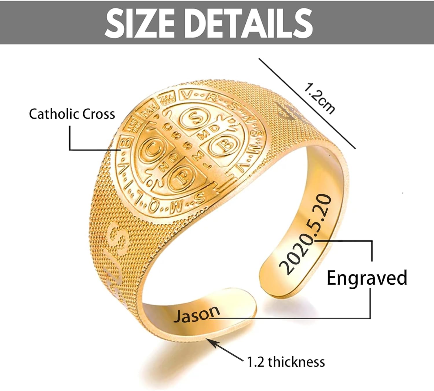 MRENITE Personalized 10K 14K 18K Gold Christian Rings for Men Round Pinky Signet Ring Custom Size Engraved Name Religious Exorcism Ring Gift for Father Son - Image 7