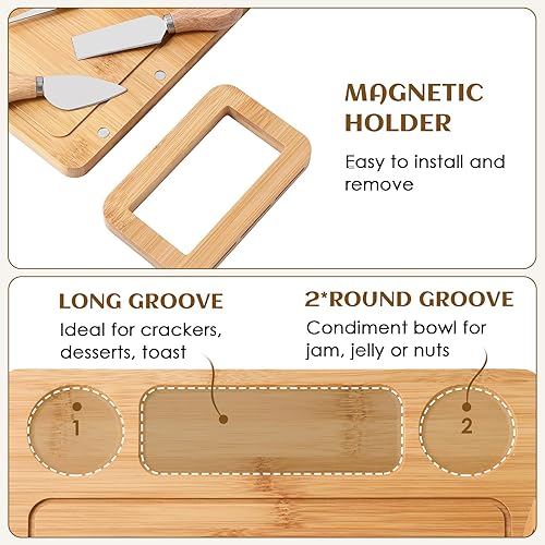 Miniatura 3 de Juego de tabla de quesos y cuchillos, charcutería rectangular ancha con 3 cuchillos, plato de corte de queso con soporte magnético para