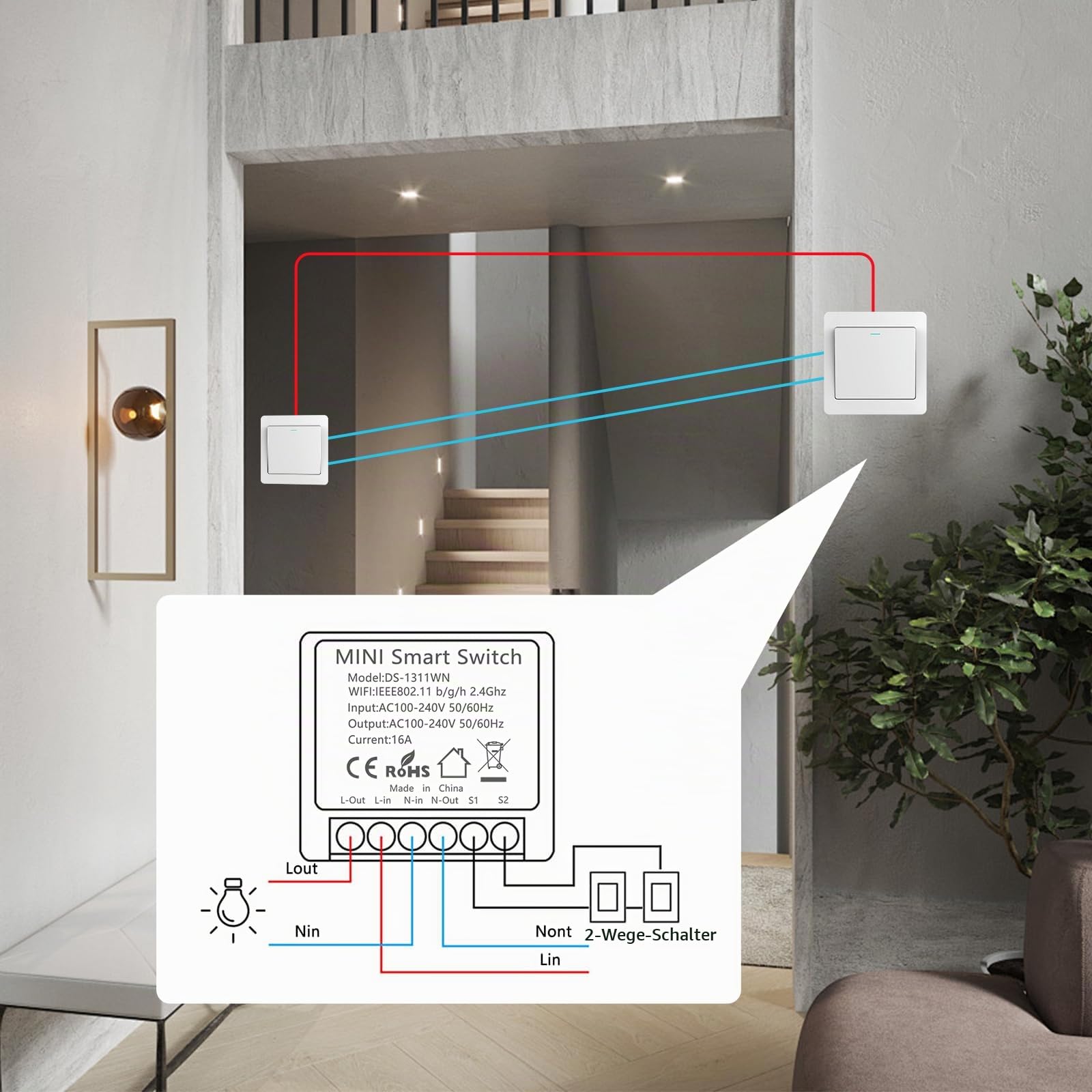 6 Stück Smart Lichtschalter Alexa, WLAN Schalter Modul, Mini Smart Switch