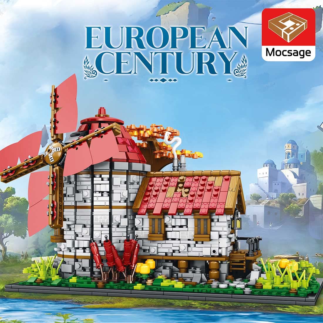 Windmühlen Klemmbausteine Set, Modular Mittelalterliche Landschaften Niederländische Windmühle MOC Architektur Bausteine, Geschenke Erwachsene und Jugendliche (2296 Teile)