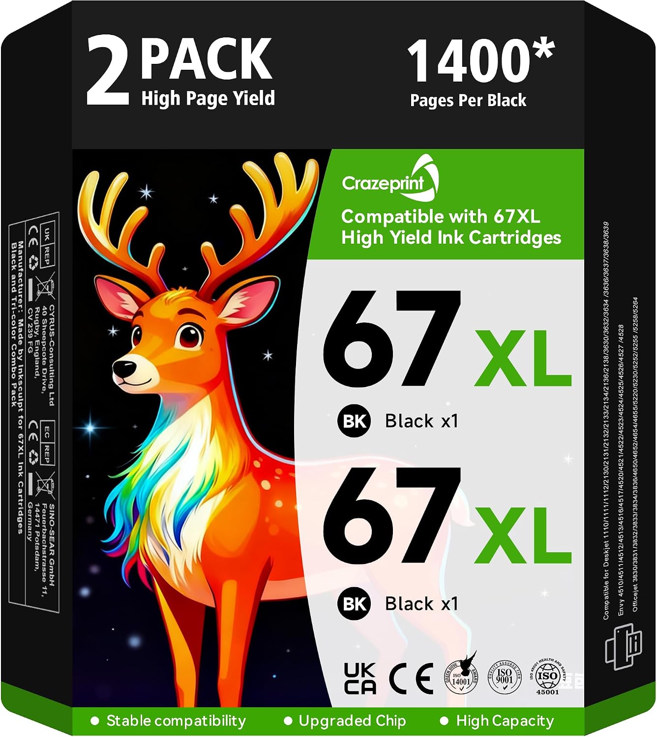 67XL Black Ink Cartridge Compatible for HP 67 Black Ink Cartridge Works with HP Deskjet 2855e 2800e 2700 2700e 2755 2755e 2852e 4255e 2827e 4100e 4155e Envy 6000 6055e 6455e Printer, 2 Pack