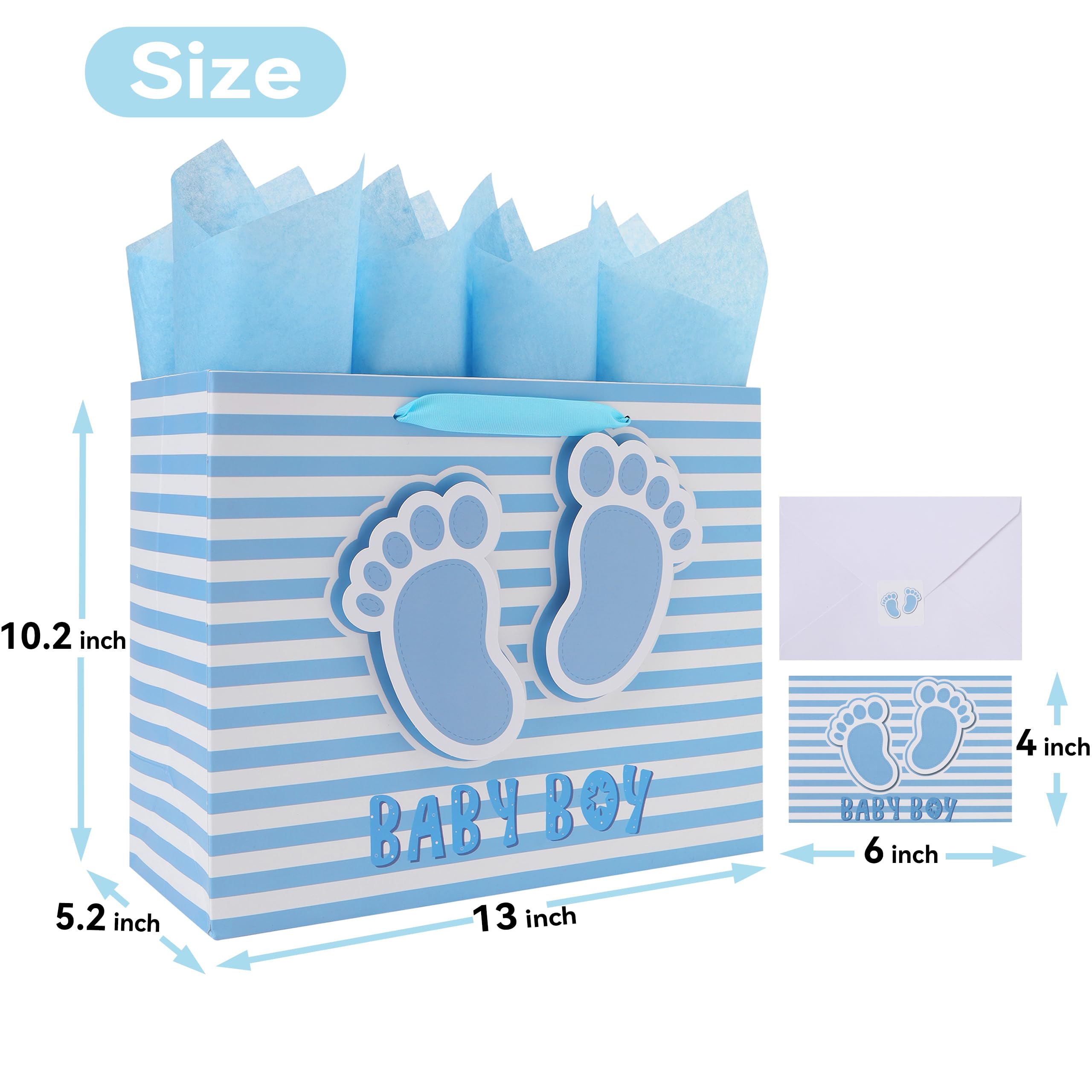 13” Large Baby Boy Gift Bag Set with Handles, Greeting Card, Blue Tissue Papers and Stickers for Boys Kids for Baby Shower, Boys' Birthday Party, Newborn, New Moms, Little One, 1st Baby, 3D Footprints Design, 1 Pcs