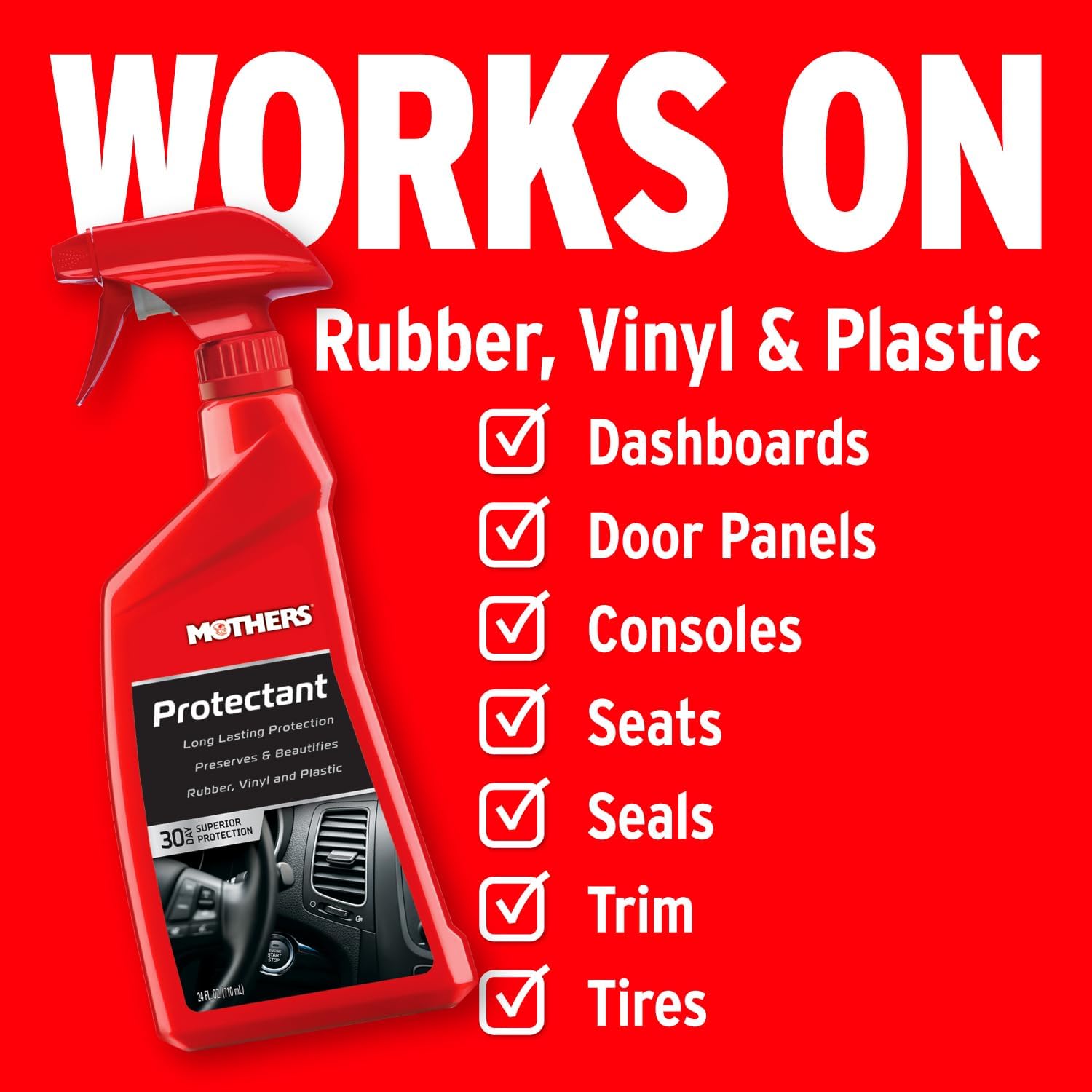 Mothers Protectant, 24 oz. – Long-Lasting UV Protection for Rubber, Vinyl & Plastic, Shields Dash, Trim, Bumpers & Tires from Fading, Cracking & Drying, Restores a Clean OEM Finish (05324)