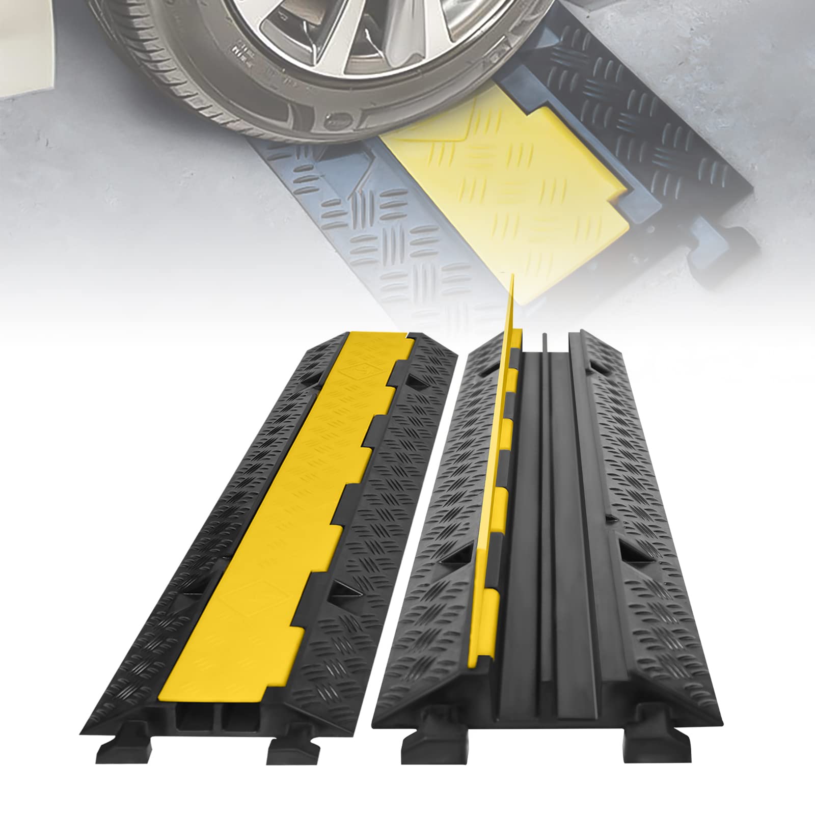 ACXIN Kabelschutzmatte 2 Stück 2 Kanal, 100 x 24 x 5 cm Überfahrschutz für Kabel, Kabelbrücke aus Industriequalität Gummi mit Modularem, Design für Parkplätze, Lagerhäuser (Schwarz)