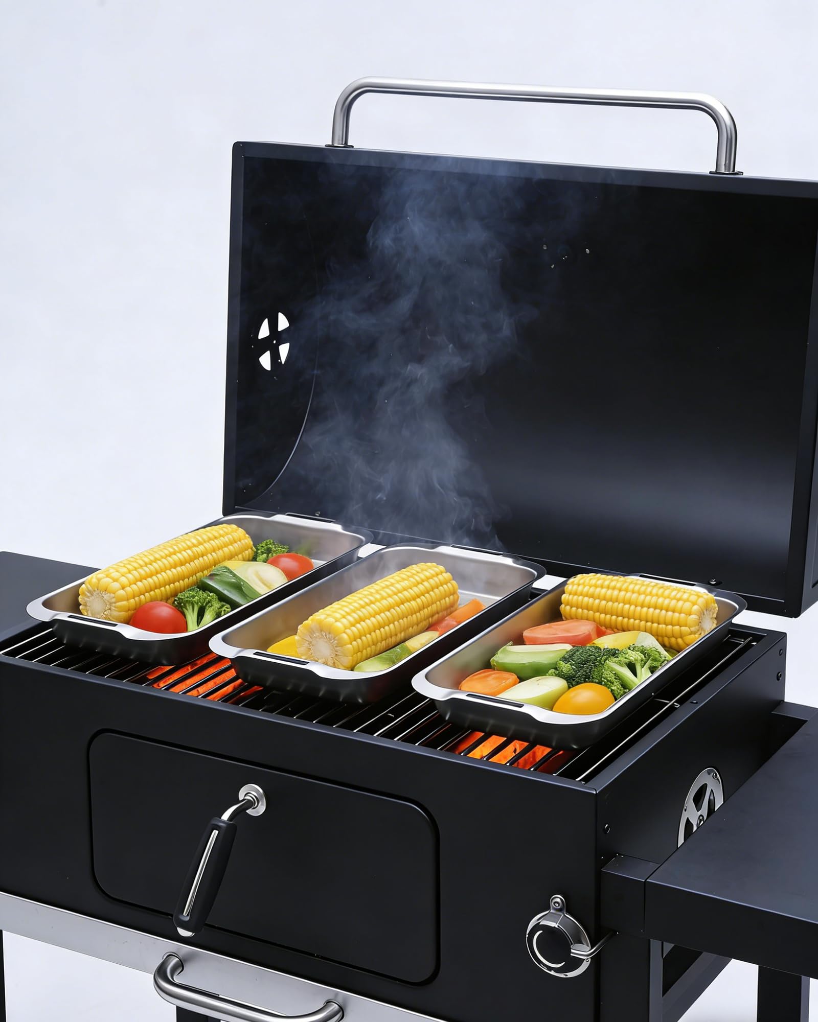 VIKEYHOME Zestaw koszy do grillowania, 6-częściowy zestaw dużych patelni grillowych ze stali nierdzewnej, patelnia 42 x 28 cm, do grilla na świeżym powietrzu, ze stojakiem chłodzącym, akcesoria do
