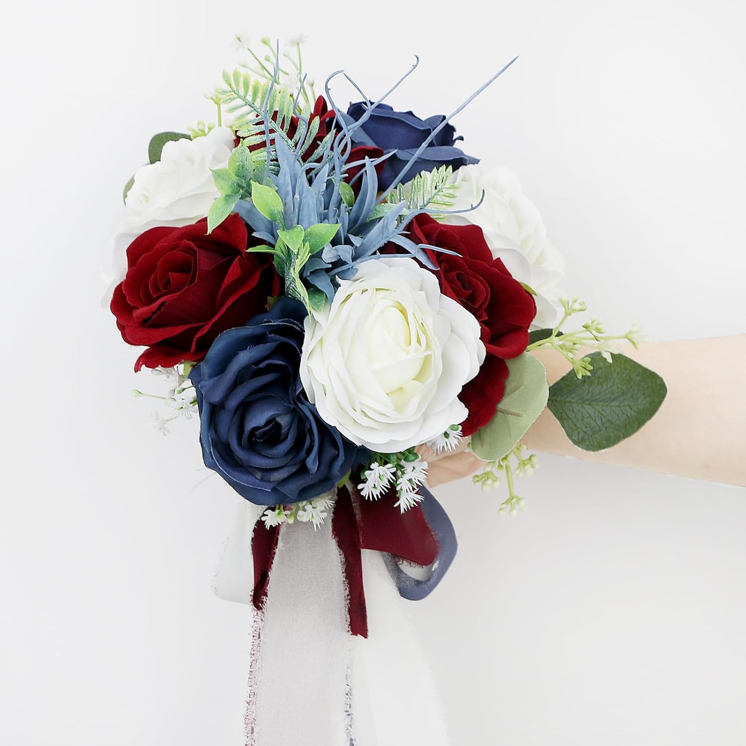 Wedding Bouquets for Bride - Artificial Bridal Bouquets Pre-Made Roses Flower Bouquets for Vintage Wedding or Centerpieces Decoration - Navy Blue & Burgundy - Image 3