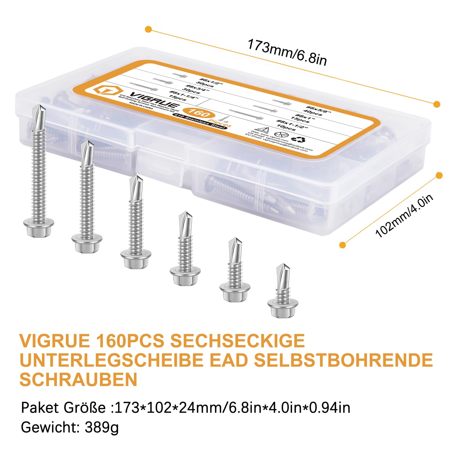 VIGRUE 160 viti autofilettanti in acciaio inox M4.2 esagonali 6 dimensioni Set di viti autofilettanti per metallo, legno, mobili