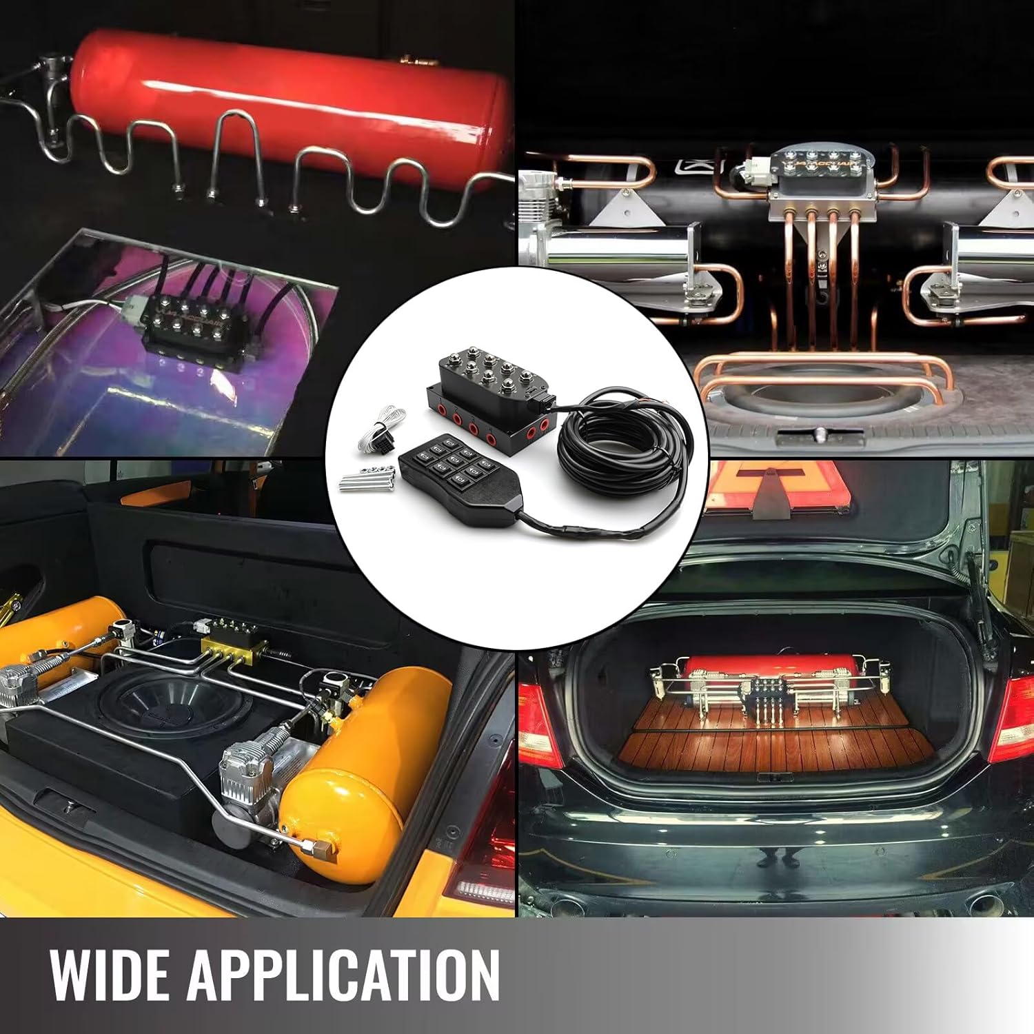 12V Air Ride Suspension Manifold Kit with 8 Air Ride Solenoid Valves, with 5M 9-switch Wired Remote Controller Can be used for Air Bag inflation and deflation