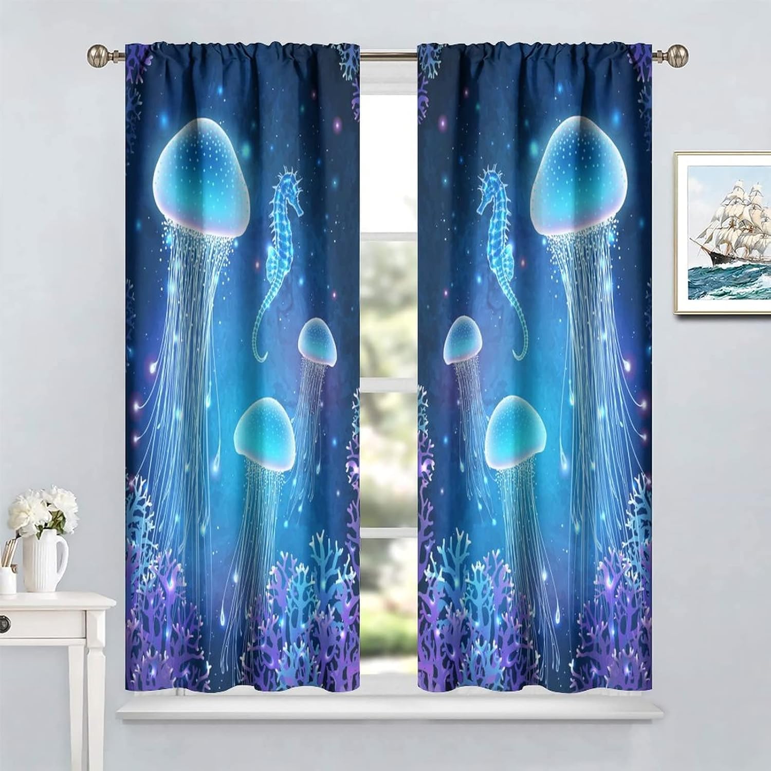 Ocean Jellyfish Window Curtains, Seahorse Fairy Tale Underwater World Sea Life Animals Room Darkening Windows Treatments for Boys Girls Toddler Bedroom Living Room 84x84in