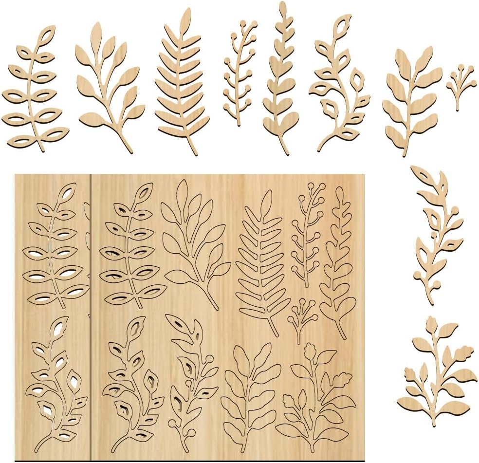 BENECREAT 2 Set 20pcs Leaves Laser Cut Chipboard Embellishments, 5.7x6 Inch Wooden Leaf Theme Decoration, Branch Leaf Silhouette Cutouts for Card Making and Scrapbooking