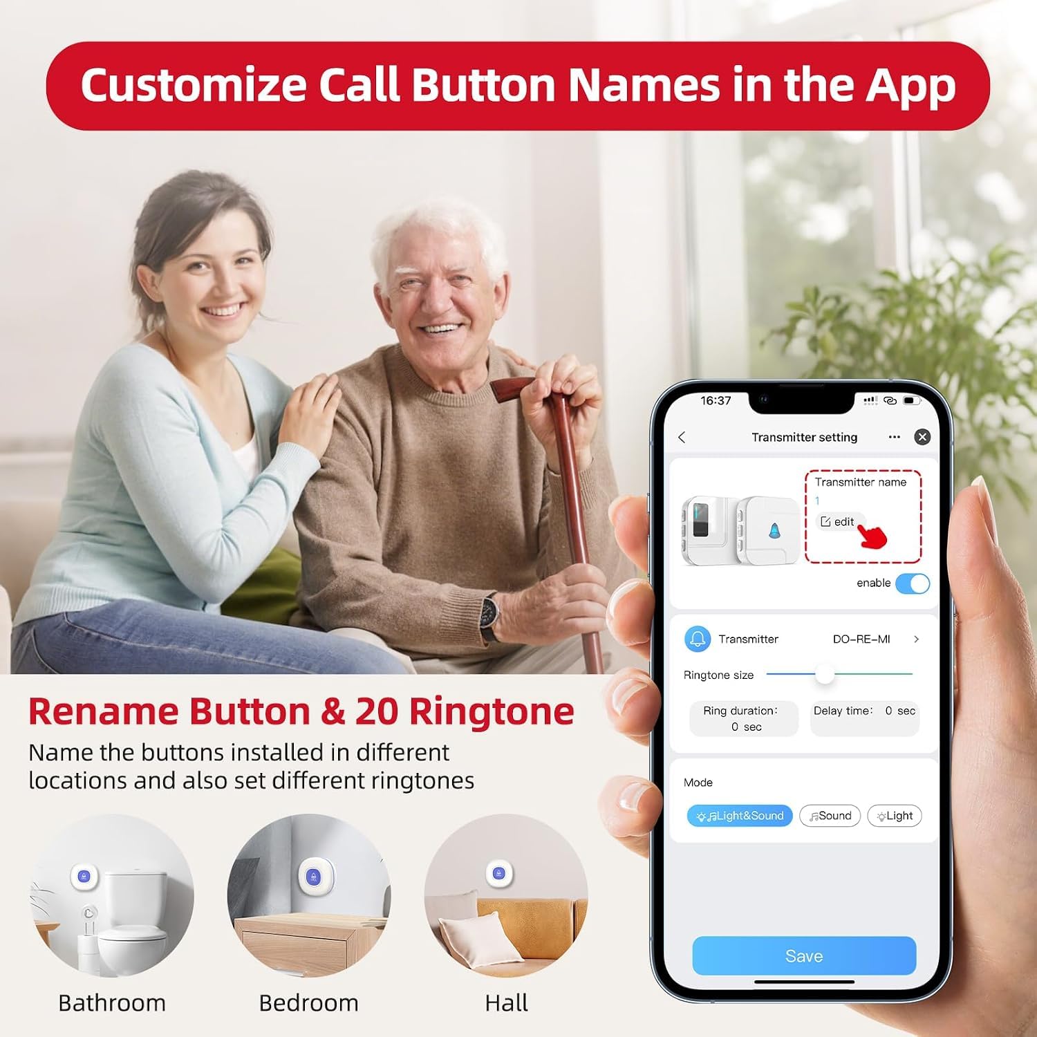 CallToU Pulsante di chiamata wireless Wi-Fi per caregiver per anziani a casa, allarme di emergenza APP per anziani, pazienti e disabili (TY01WH-US 2-1)
