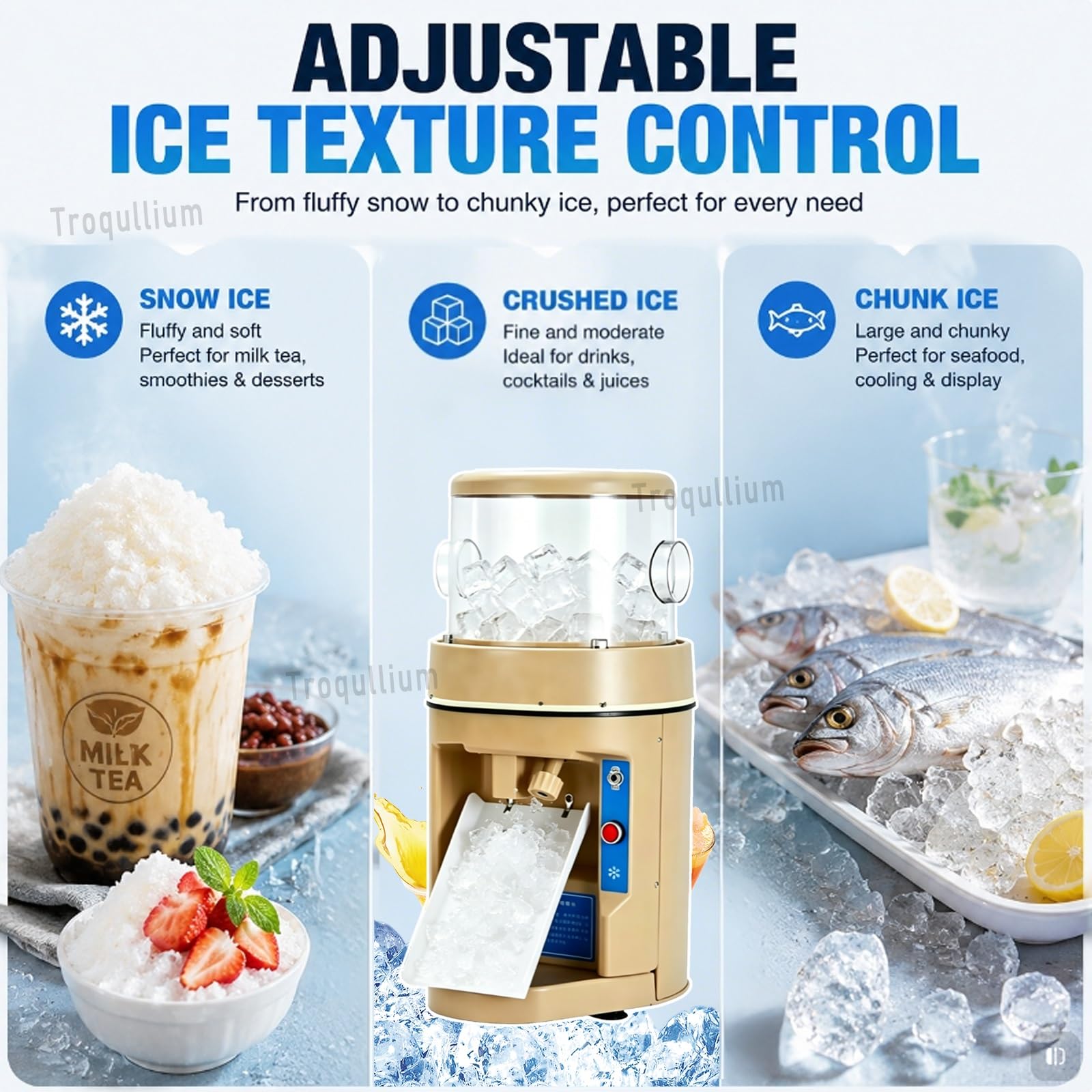 Trituradora de Hielo eléctrica Comercial de 600W,máquina de Cono de Nieve de Salida de 10kg/min,con Perilla de Ajuste de Textura de precisión,for Tienda de postres y exhibición de mariscos