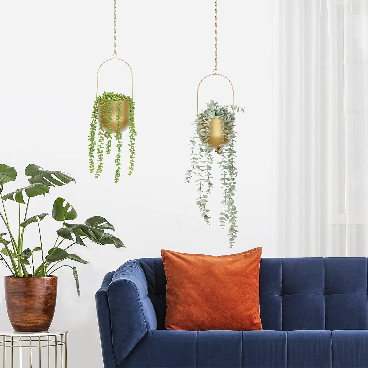 AceList Boho Gold Metal Hanging Planters,  with Hooks & Chains - Versatile Wall & Ceiling Plant Hangers for Indoor/Outdoor Décor