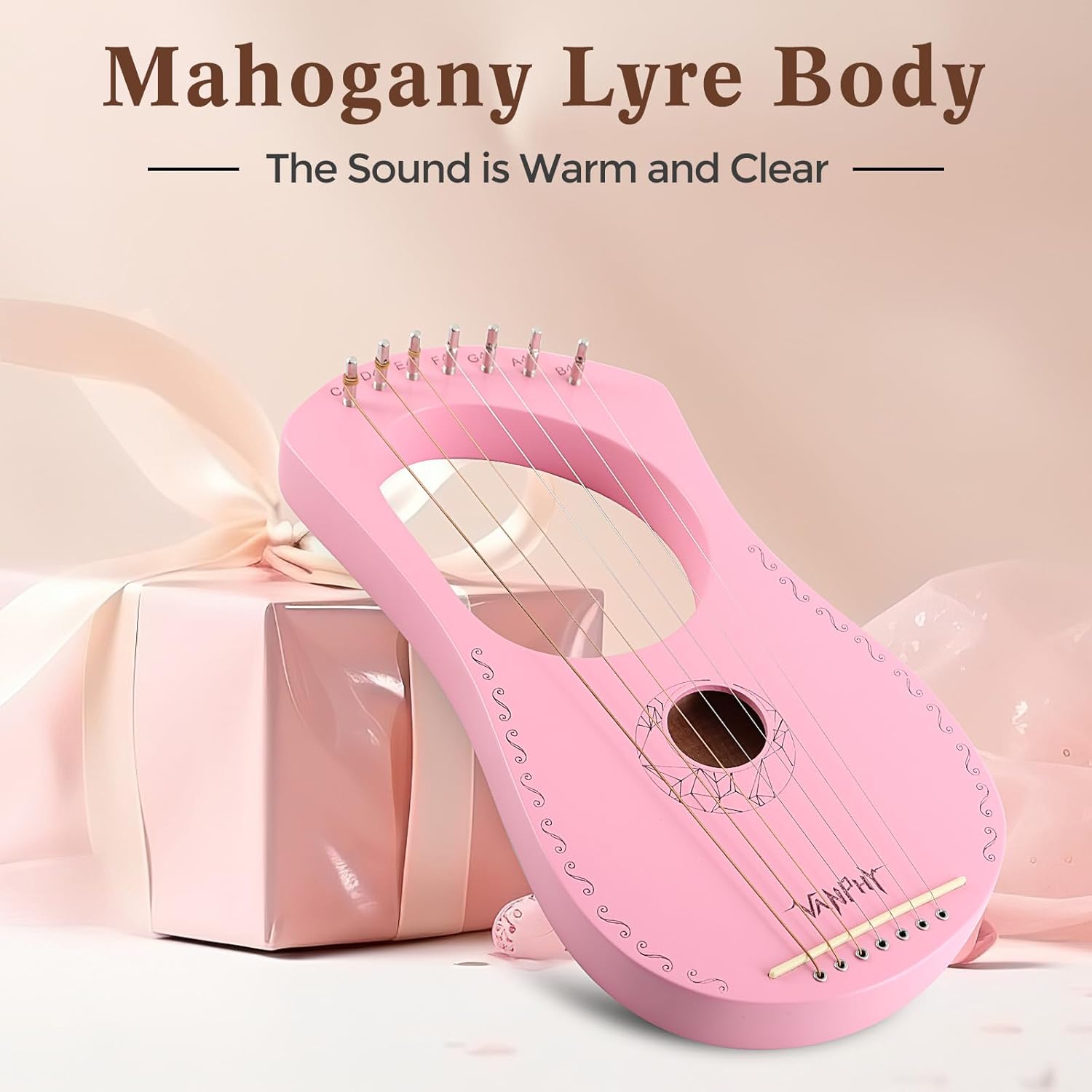 Lyre Harp VANPHY Lyre Harp 7 Strings Mahogany Body Metal String for Beginner Harps Classical Style Harp Instrument with Tuning Wrench Strings Gig Bag (Pink)