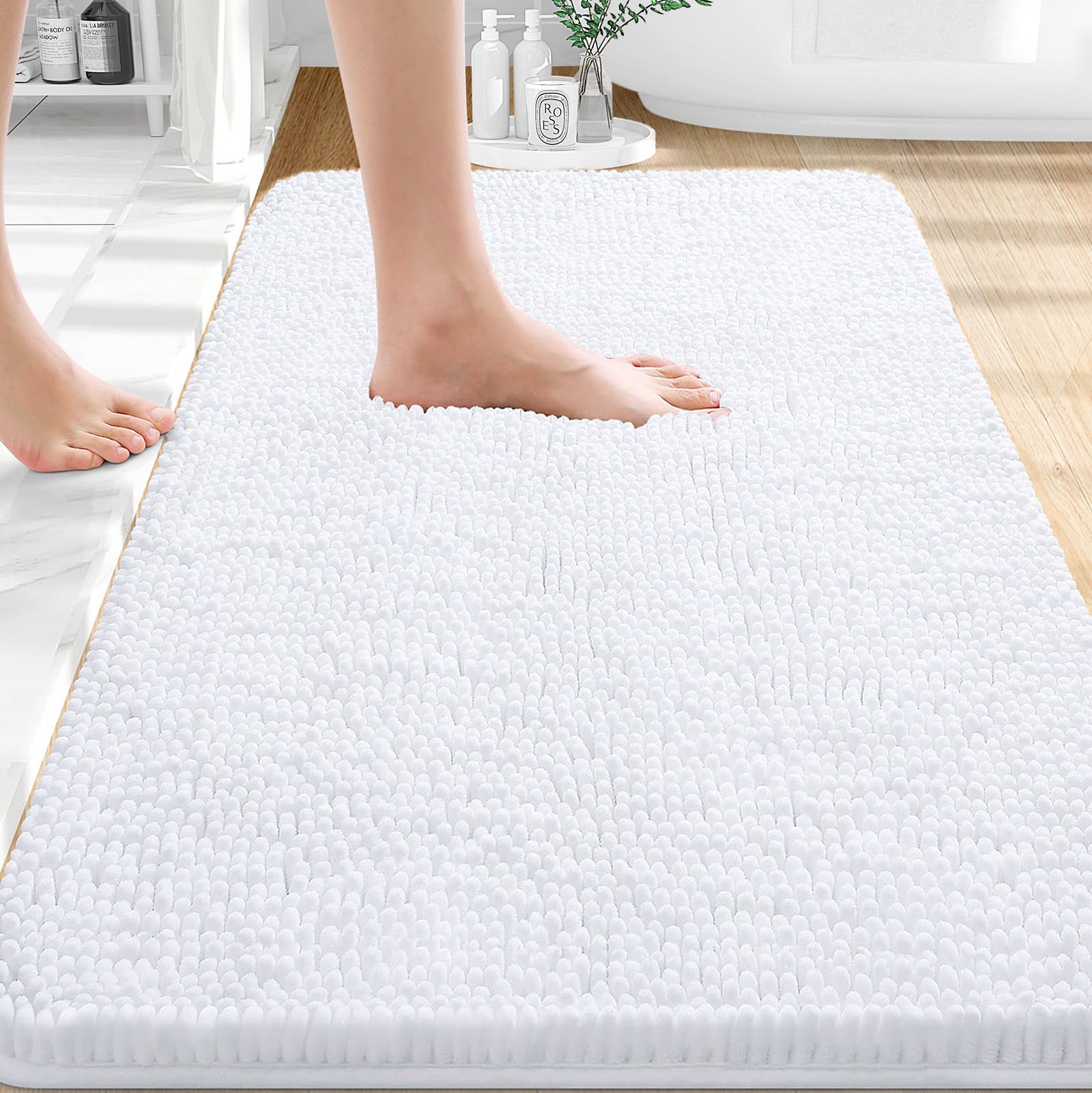 OLANLY Small Bathroom Rugs 30x18, Extra Soft Absorbent Chenille Bath Rugs | White, Quick-Drying Rubber Backing, Machine Washable Bath Mat for Bathroom Floor, Tub and Shower, Home Decor Accessories