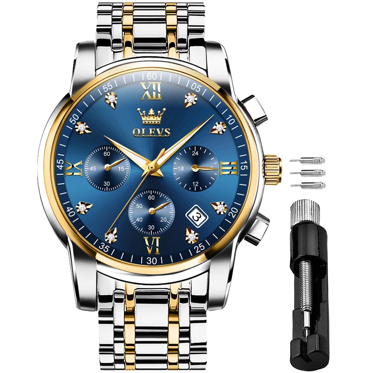 OLEVS Men’s Watch Quality Analog Quartz Stainless Steel Waterproof Chronograph Luminous Business Casual Luxury Dress Big Face Wrist Watches Between Gold Strap & Blue Face