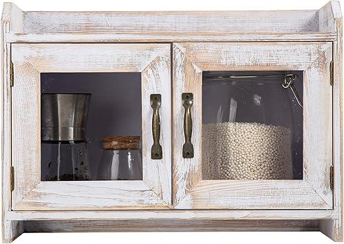 Estante organizador de armario de madera blanca rústica para encimera, estantes y puertas de ventana de vidrio, organizador de madera, cocina, baño,