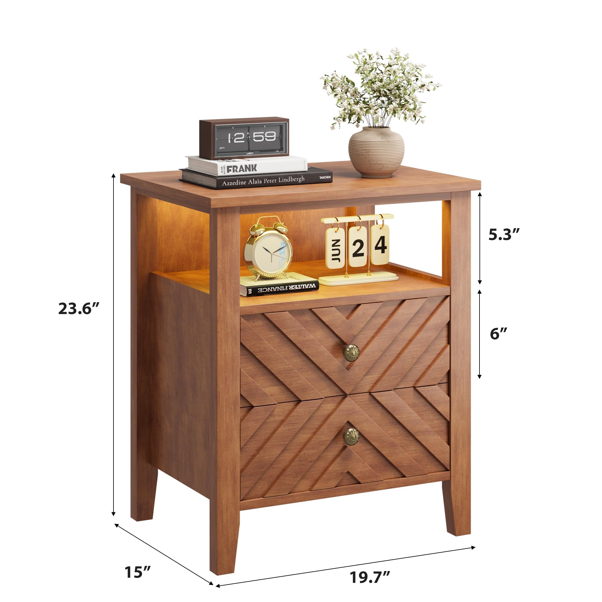 GarveeHome Mesita de Noche Vintage con luz LED, 2 cajones y Estante Abierto, diseño en V, Brown