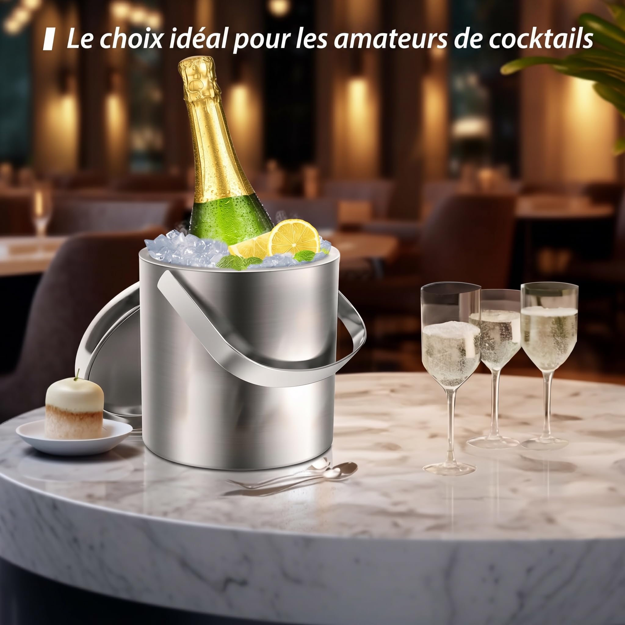 Sailnovo Mini seau à glace 1,2 L – Compact, en acier inoxydable double paroi de qualité supérieure, avec couvercle et pince à glace – Idéal pour cocktails, bar personnel et petites réceptions – Argent