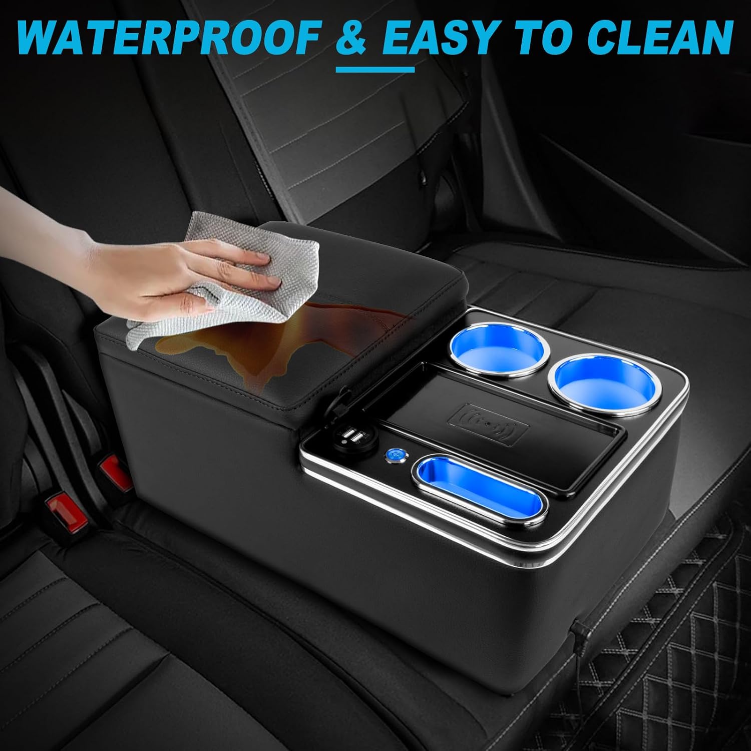 Car Center Console Armrest Organizer: with W-ireless Charging, Fast Charging, LED Light Cup Holder & Phone Holder, Rear Bench Seat Consoles with Armrest Middle Storage Box,Truck Seat Organizer for Van
