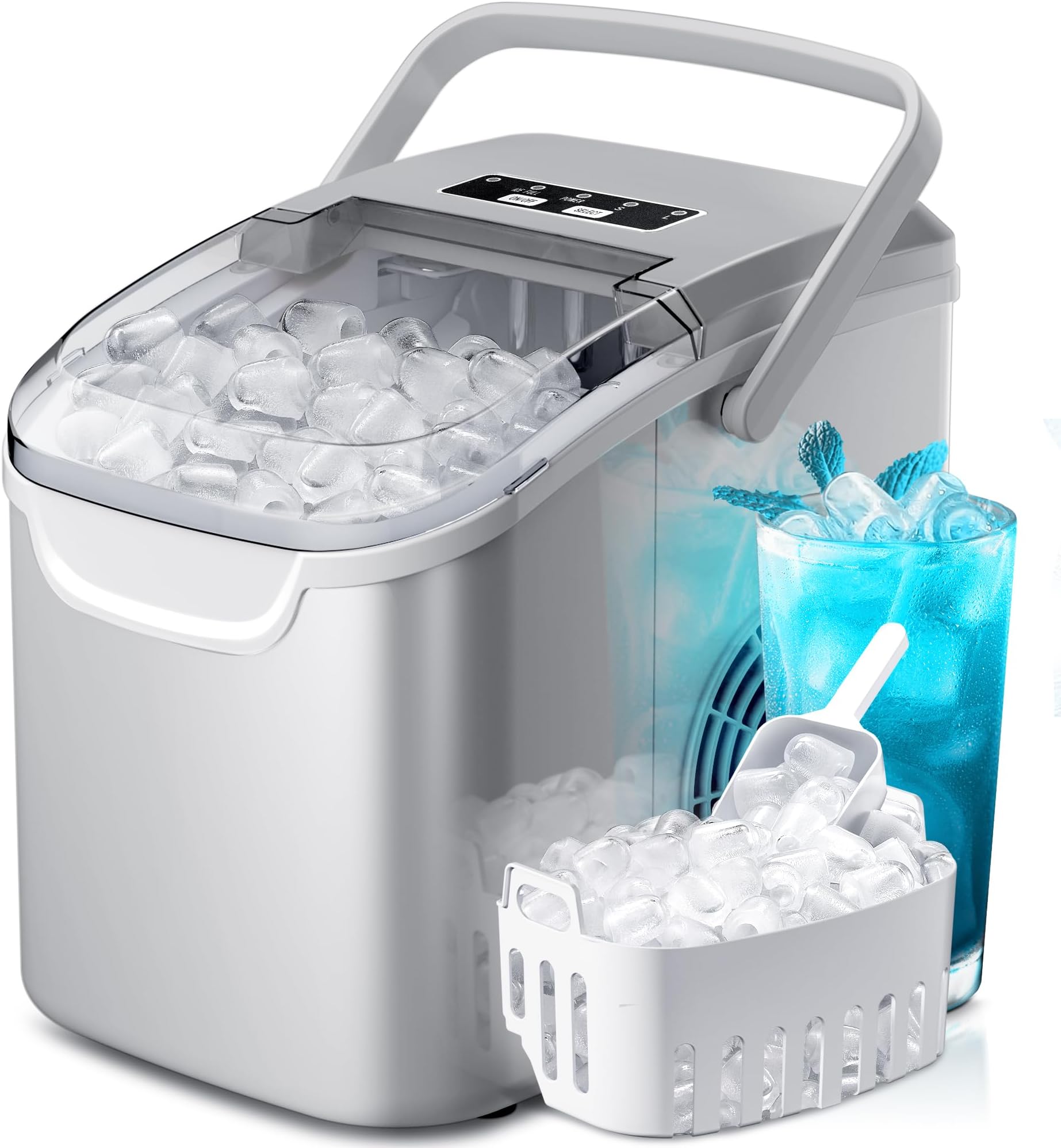 Portable Countertop Ice Maker Machine with Handle, 8 Bullet-Shaped Ice Cubes Ready in 6 Mins, 26Lbs/24H, Self-Cleaning Function with Ice Scoop and Basket for Home/Kitchen/Party (Grey)