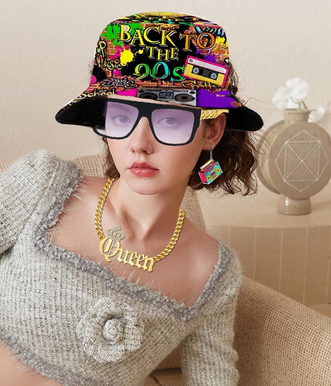 Hip Hop Costume Kit 80s/90s Accessories for Women Men Rapper Outfits Bucket Hat Headband Sunglasses Ring Gold Chain Bamboo Hoop Earring