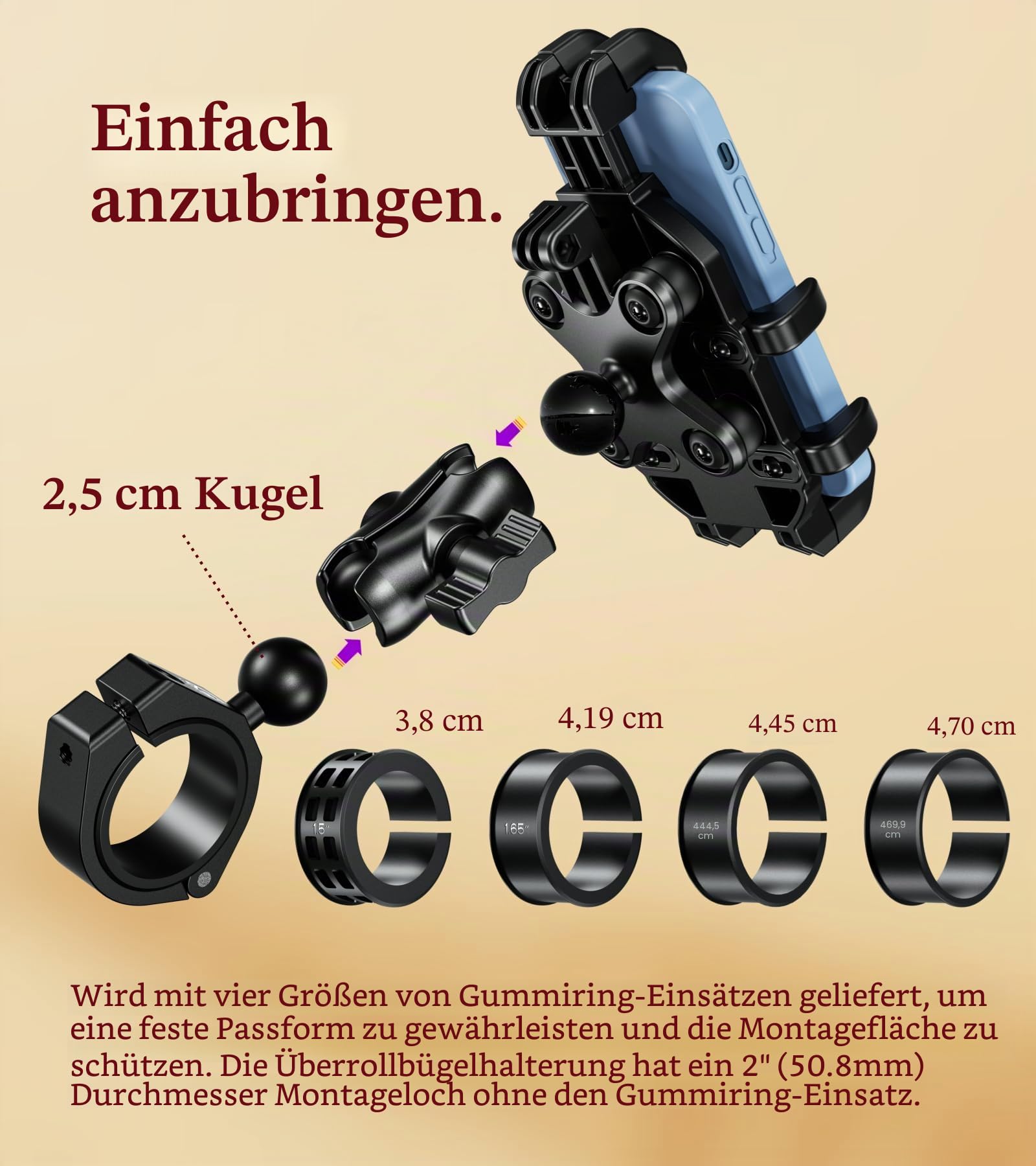 BRCOVAN UTV Handyhalterung mit Vibrationsdämpfer | Verstellbar UTV Handyhalter, Anti-Shake, für 1,5''/1,65''/1,75''/1,85''/2'' Überrollkäfigstange, für 5,4''-7,2'' Smartphone