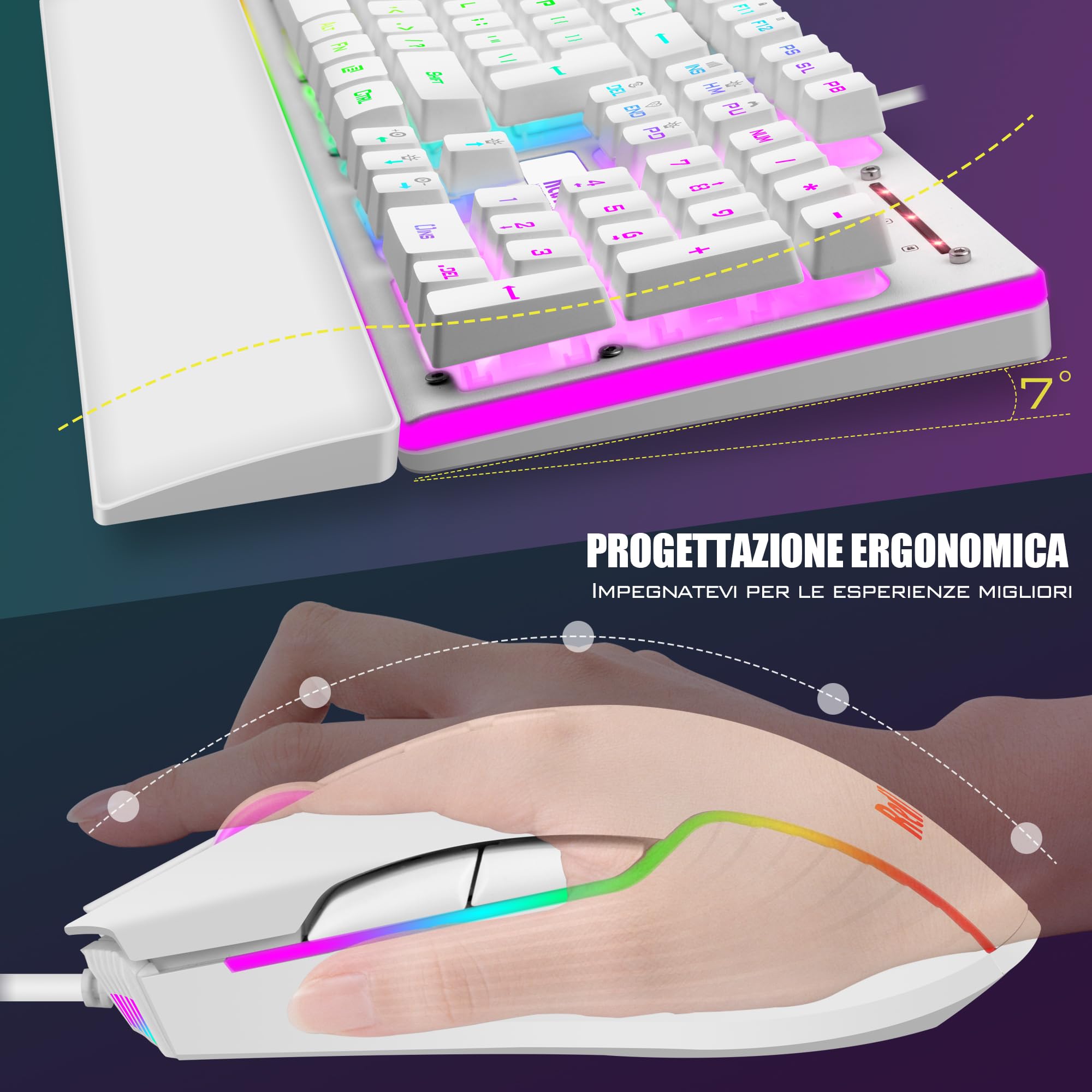 RedThunder K10 Juego de reposamuñecas de piel 3 en 1, retroiluminación dinámica RGB + sensación mecánica, teclas anti fantasma + ratón 7D 7200DPI, diseño de TI, jugadores de PC - Blanco