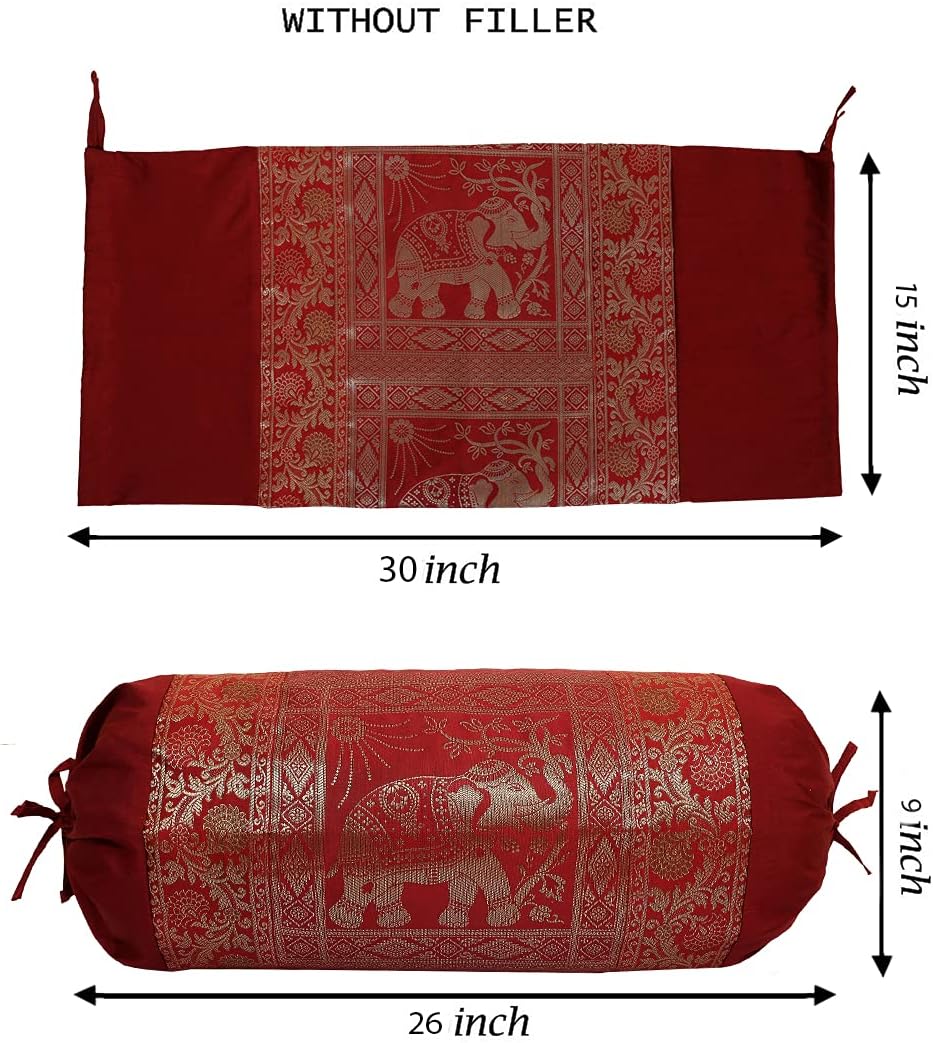 Ethnic Jacquard Brocade Silk Bolster Throw Pillows for Couch Elephant Maroon Yoga Massand Living Room Decorative Cylindrical Hotdog Traditional Throw Pillowcase 76x38 cm - Set of 2 Pcs
