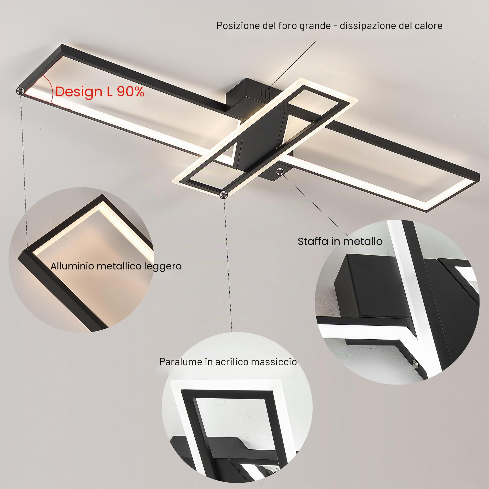 Narwhal Lampadario Led soffitto Moderno, Dimmerabile Plafoniera con Telecomando/APP, Timing e Funzione di Memoria, Plafoniere per Soggiorno,Camera da letto, Ufficio (Nero, 80cm)