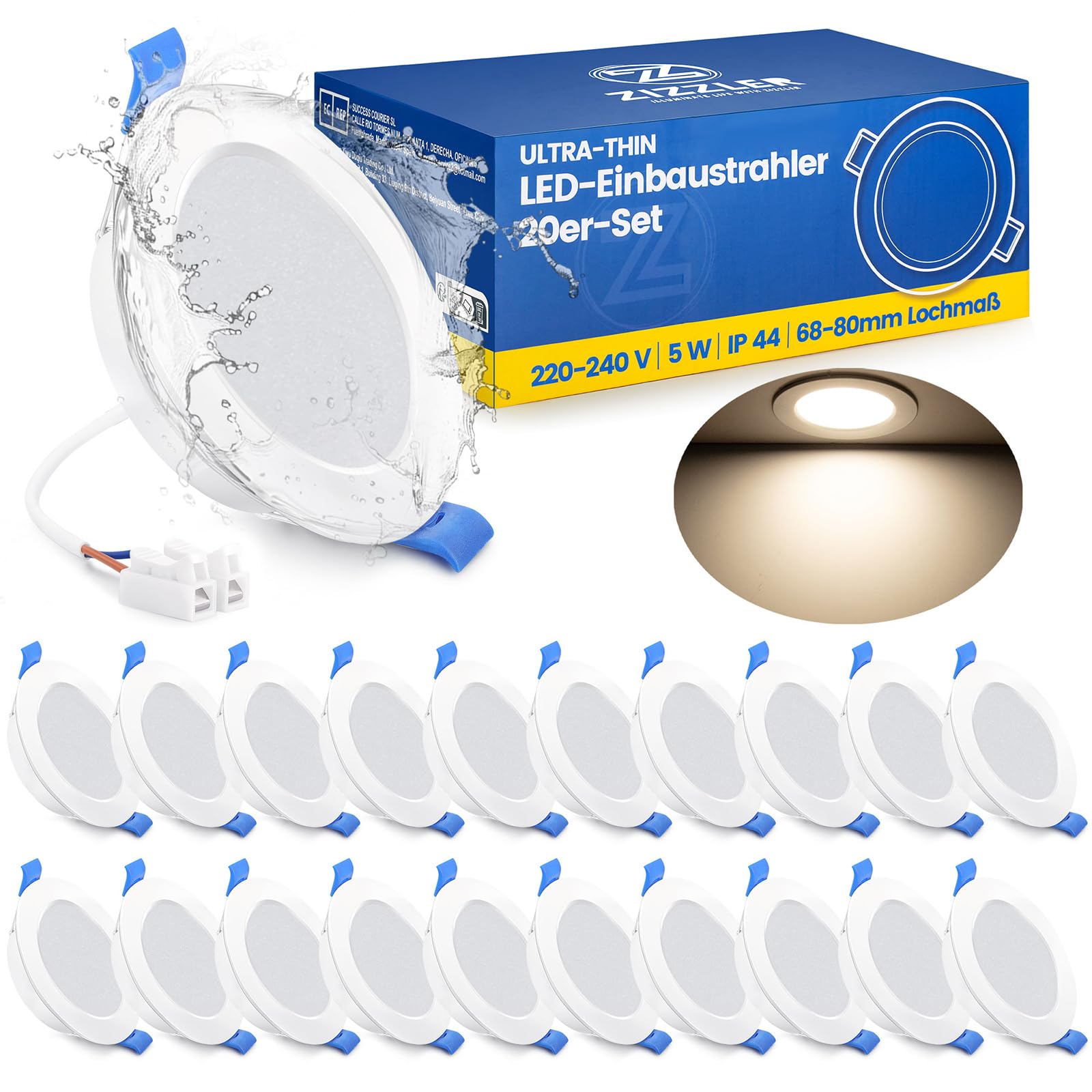 ZIZZLER 20er Set LED Einbaustrahler Spots 230V Flach 68-80mm Lochmaß, Neutralweiß Deckenspots, IP44 Einbauleuchten für Badezimmer Feuchtraum, 5W 4000K Einbauspots für Küche Schlafzimmer Wohnzimmer