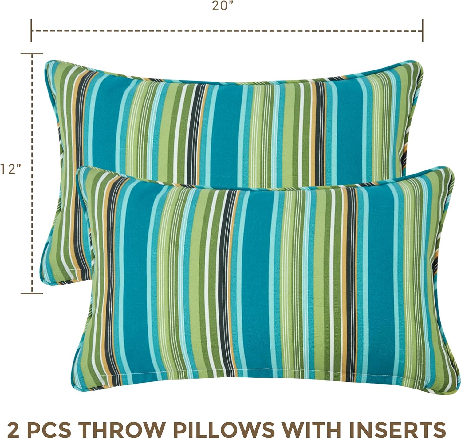 Lumbar Pillow with Insert, Set of 2, Outdoor Indoor Waterproof Decorative Patio Lumbar Pillow 12x20 Inch, Rectangular Cushion for Couch Sofa Garden Farmhouse Decoration-Green Stripe