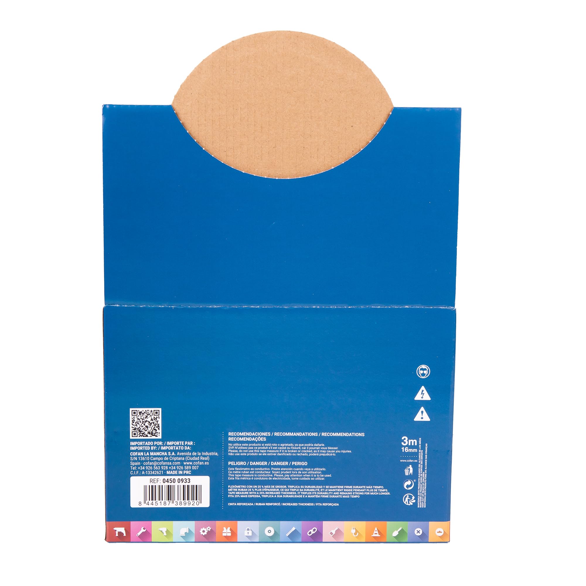 Cofan Espositore per flessometri con protezione in gomma di Cofan | Include 12 flessometri | Flexometro 3 m x 16 mm (foglia) | Misura espositore: 21,8 x 24,5 x 15,3 cm