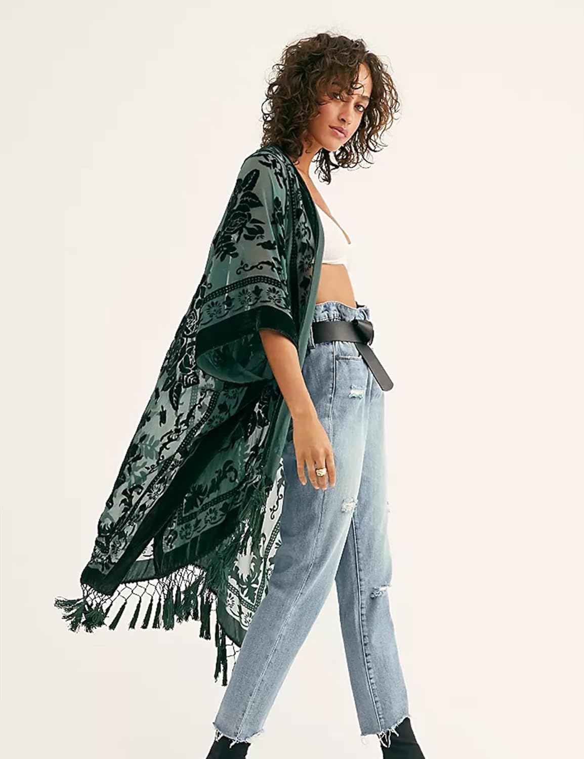 Women's Coverups Burnout Velvet Cardigan Casual Outfit Long Cover Up Kimono with Tassel - Image 5