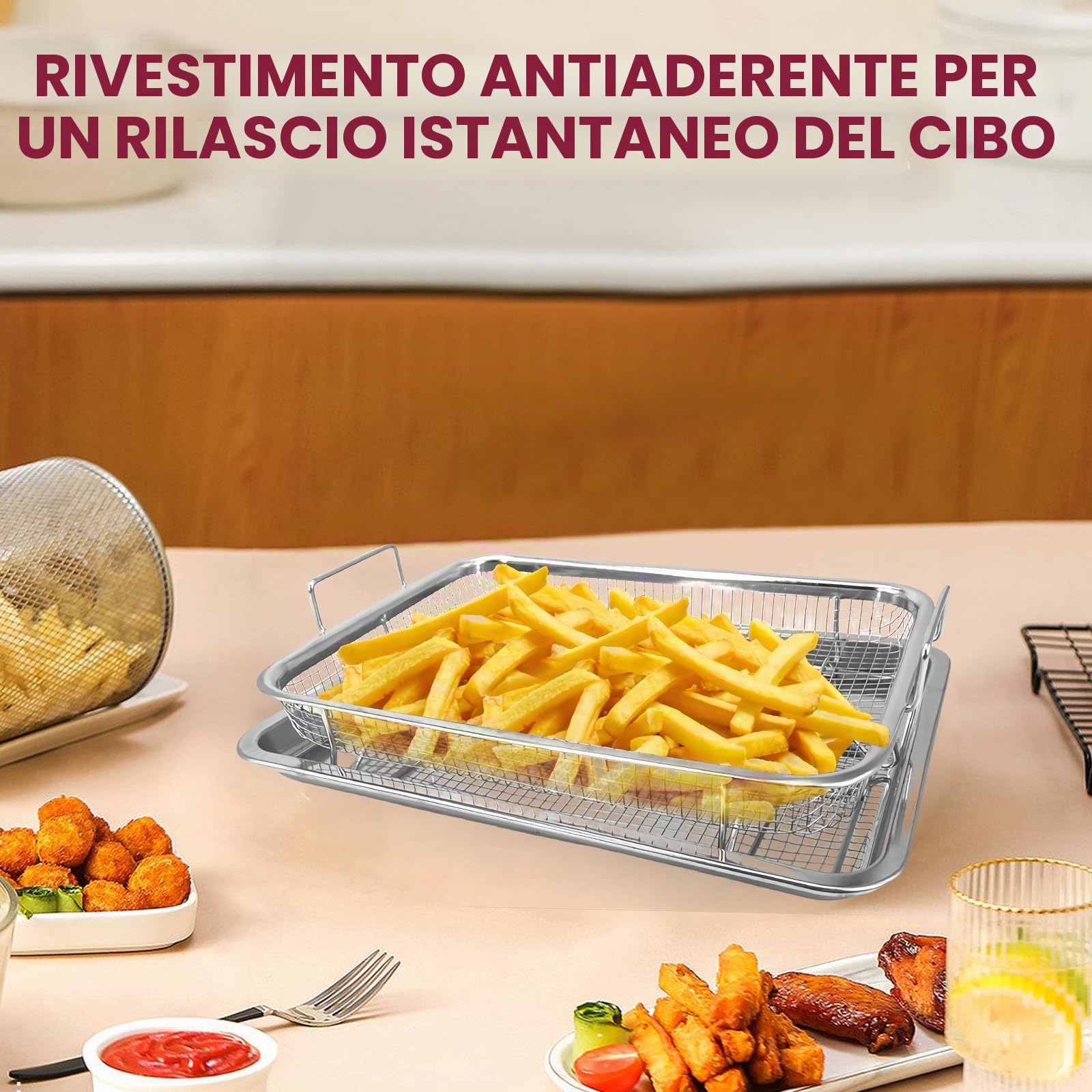 Teglia da forno con griglia di raffreddamento, cestino per barbecue, in acciaio inox con manico e base, rettangolare, in rete, per grigliare e raffreddare (32,5 x 24,5 x 5,2 cm)