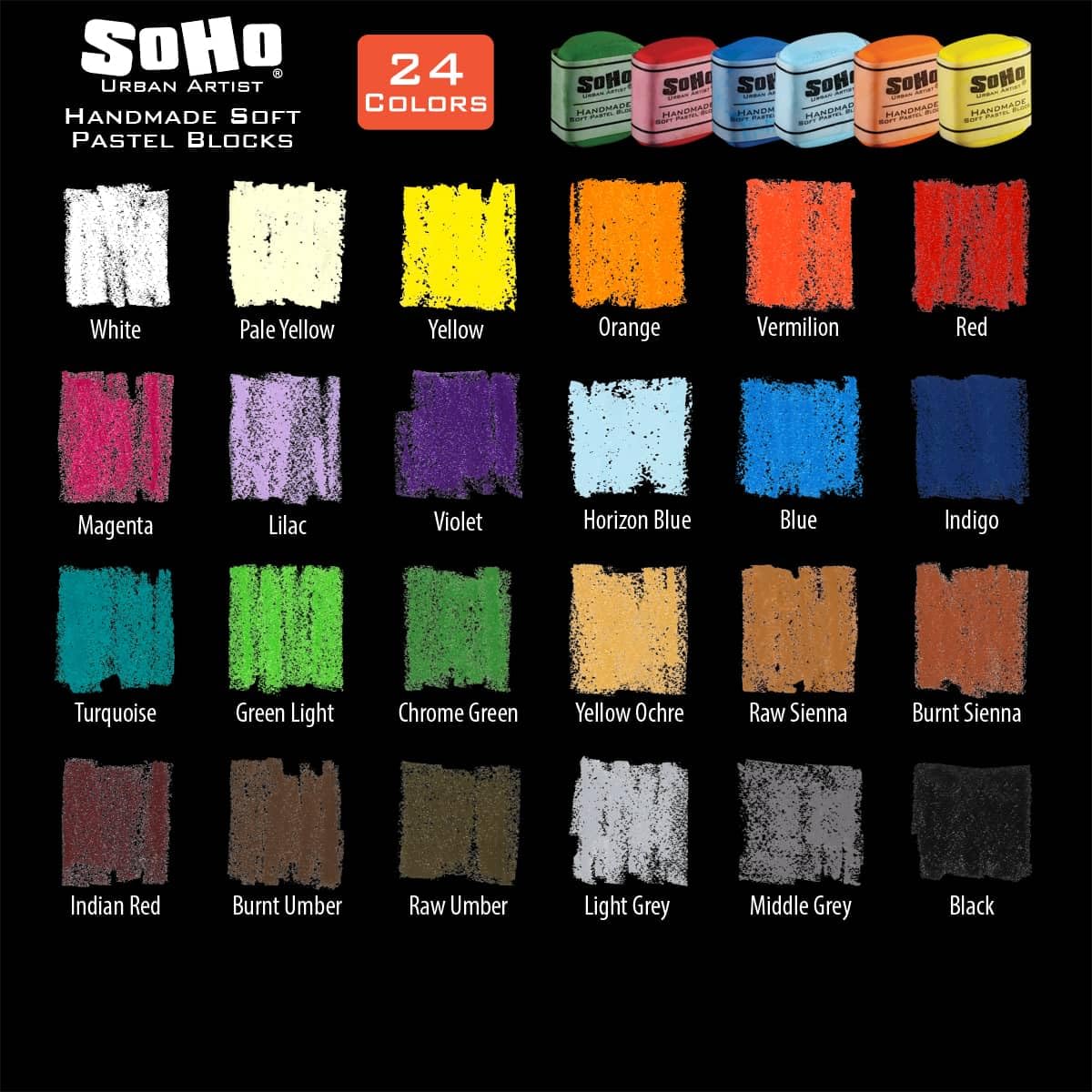 Soho Urban Artist Handgefertigte, weiche Pastellblöcke, sortiert, Set mit 24 professionellen Pastellkreiden, samtige Farben zum Tonen von Papier, großflächigen Zeichnungen und Schichten, lichtecht und