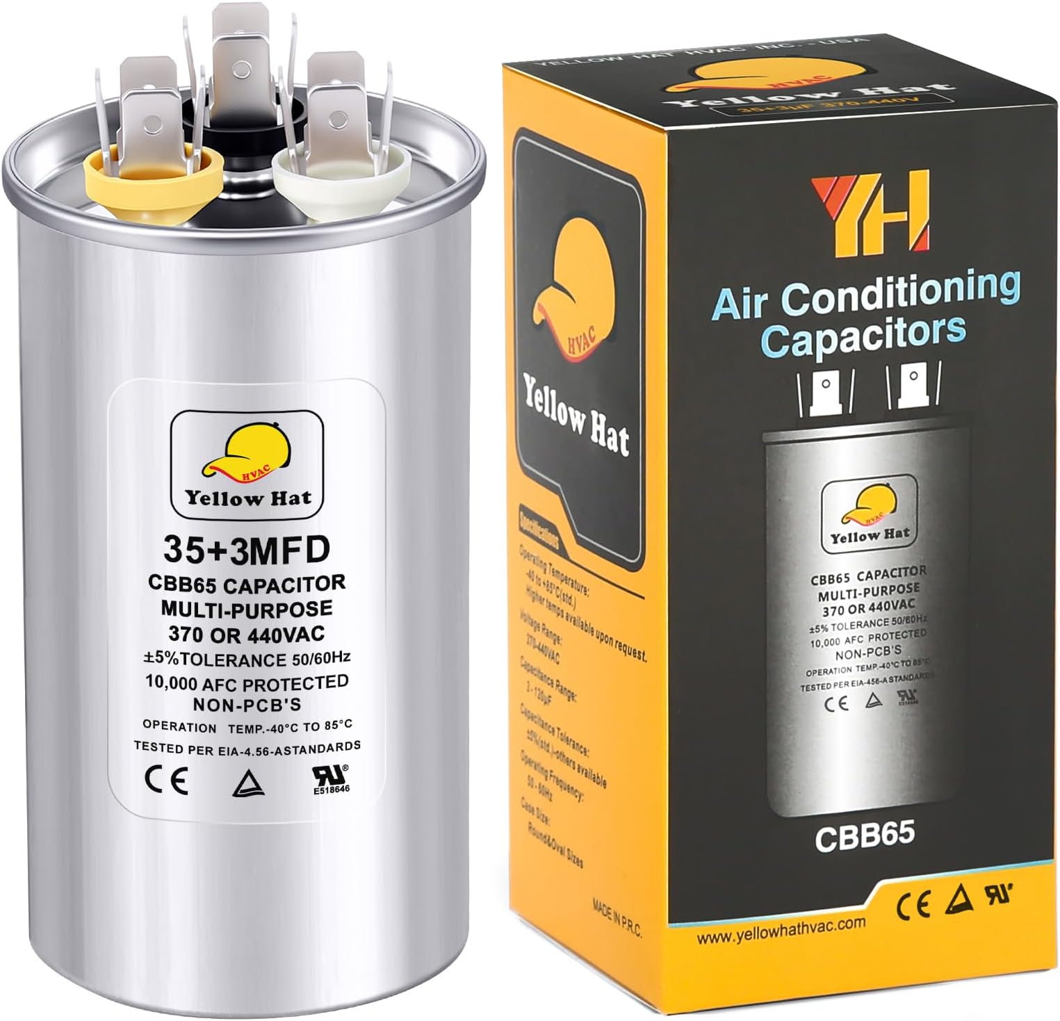Capacitor for Air Conditioner 35+3 uf MFD 370 or 440 Volt VAC, Multi-Purpose Round Capacitor for AC Motor Run or Fan Motor Start or Condenser Straight
