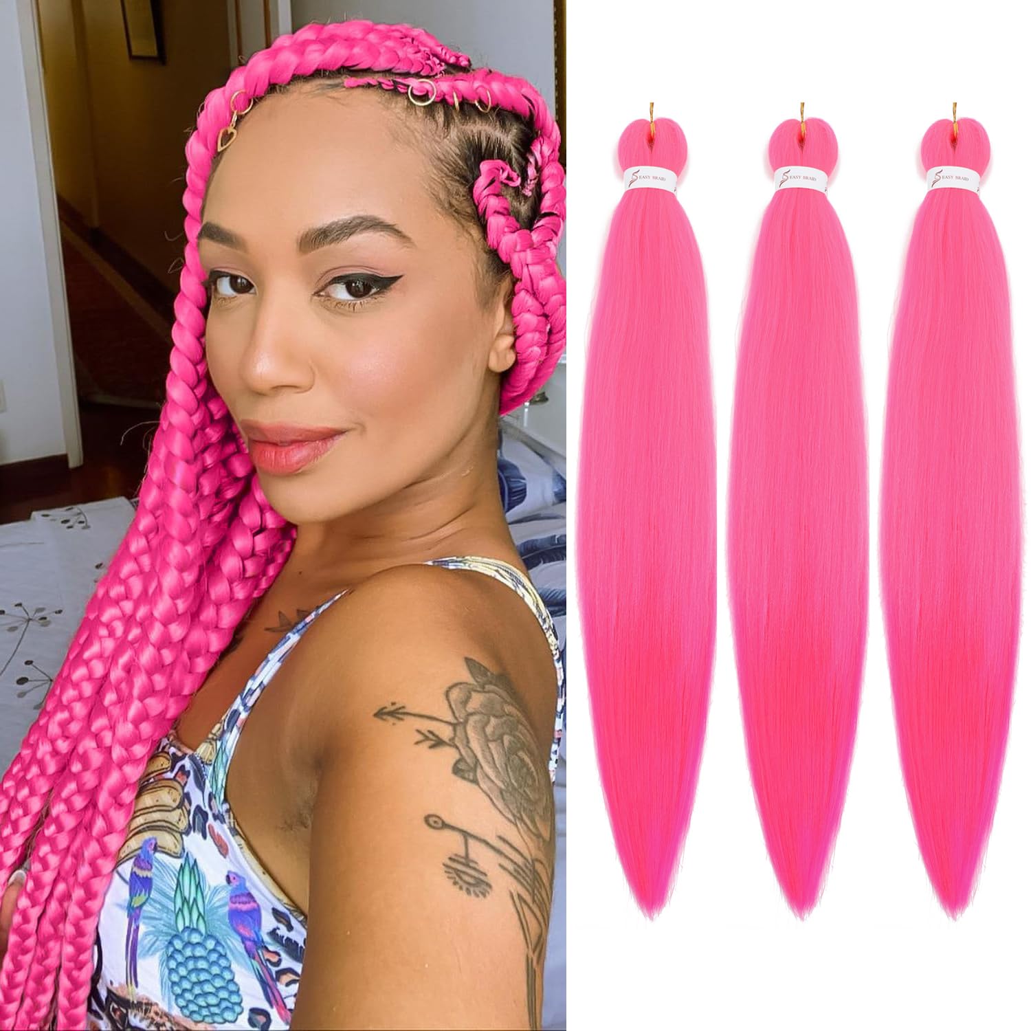 YeahPerfect Braiding Hair Pre Stretched Rose Pink Easy Braids 26 Inch 3 Packs Hot Water Setting Professional Yaki Synthetic Hair for Crochet Braids (
